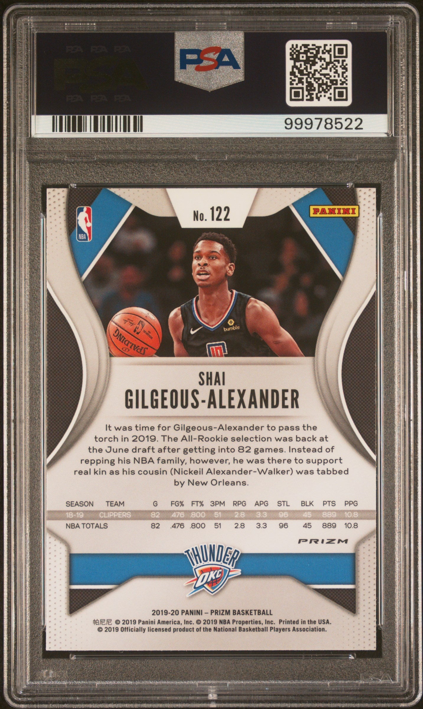 2019 Panini Prizm White Sparkle Prizm Shai Gilgeous-Alexander #122 PSA 10