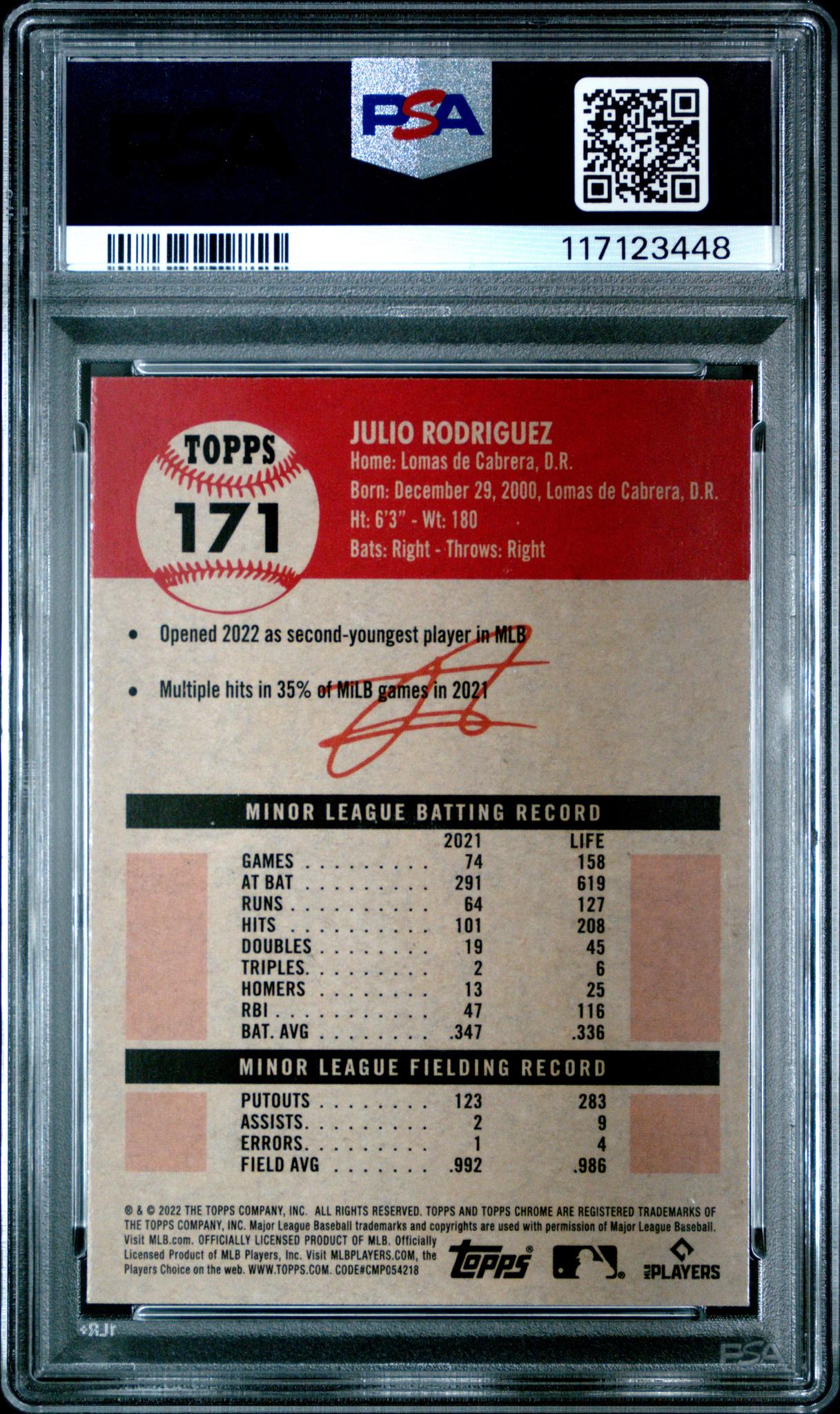 2022 Topps Chrome Platinum Anniversary Black and White Mini-Diamond Refractors Julio Rodriguez #171 PSA 9