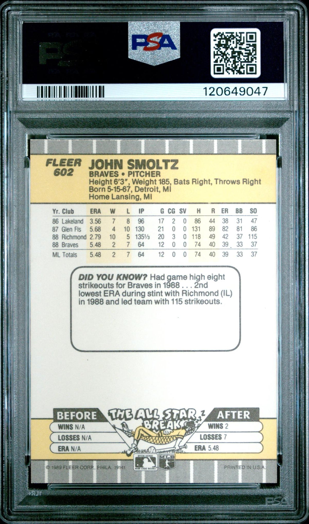 1989 Fleer John Smoltz #602 PSA 8