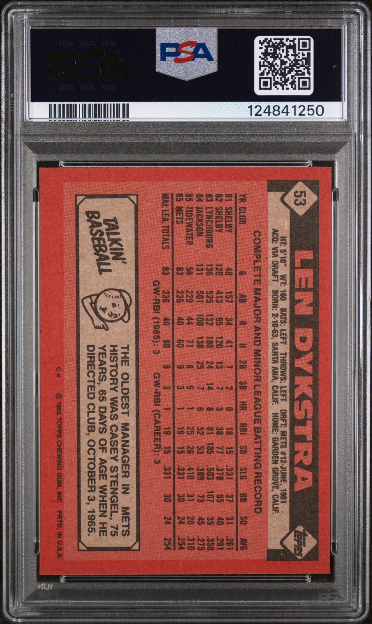 1986 Topps Lenny Dykstra #53 PSA 7