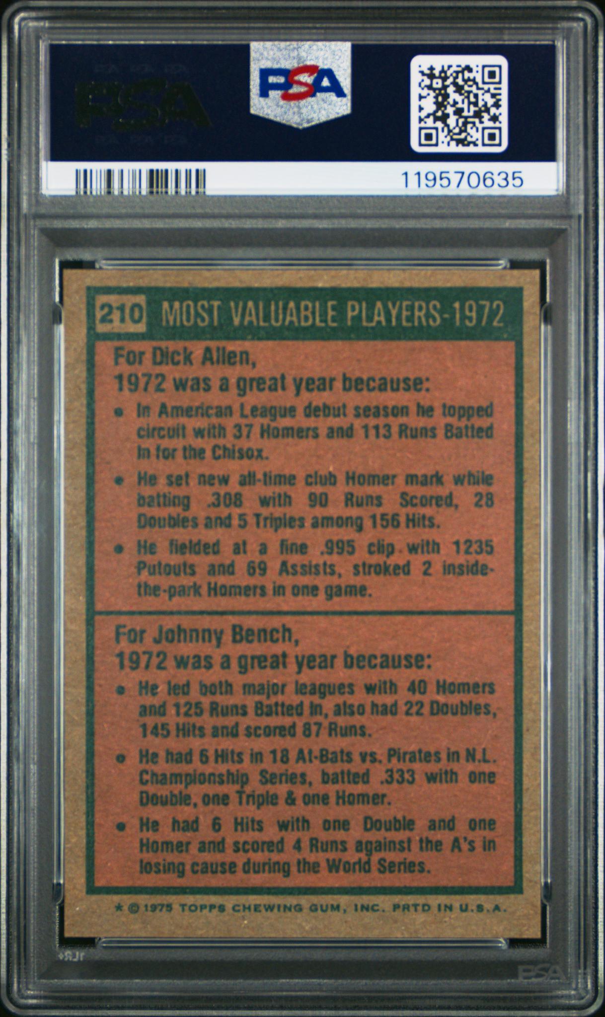 1975 Topps Johnny Bench/Richie Allen #210 PSA 8