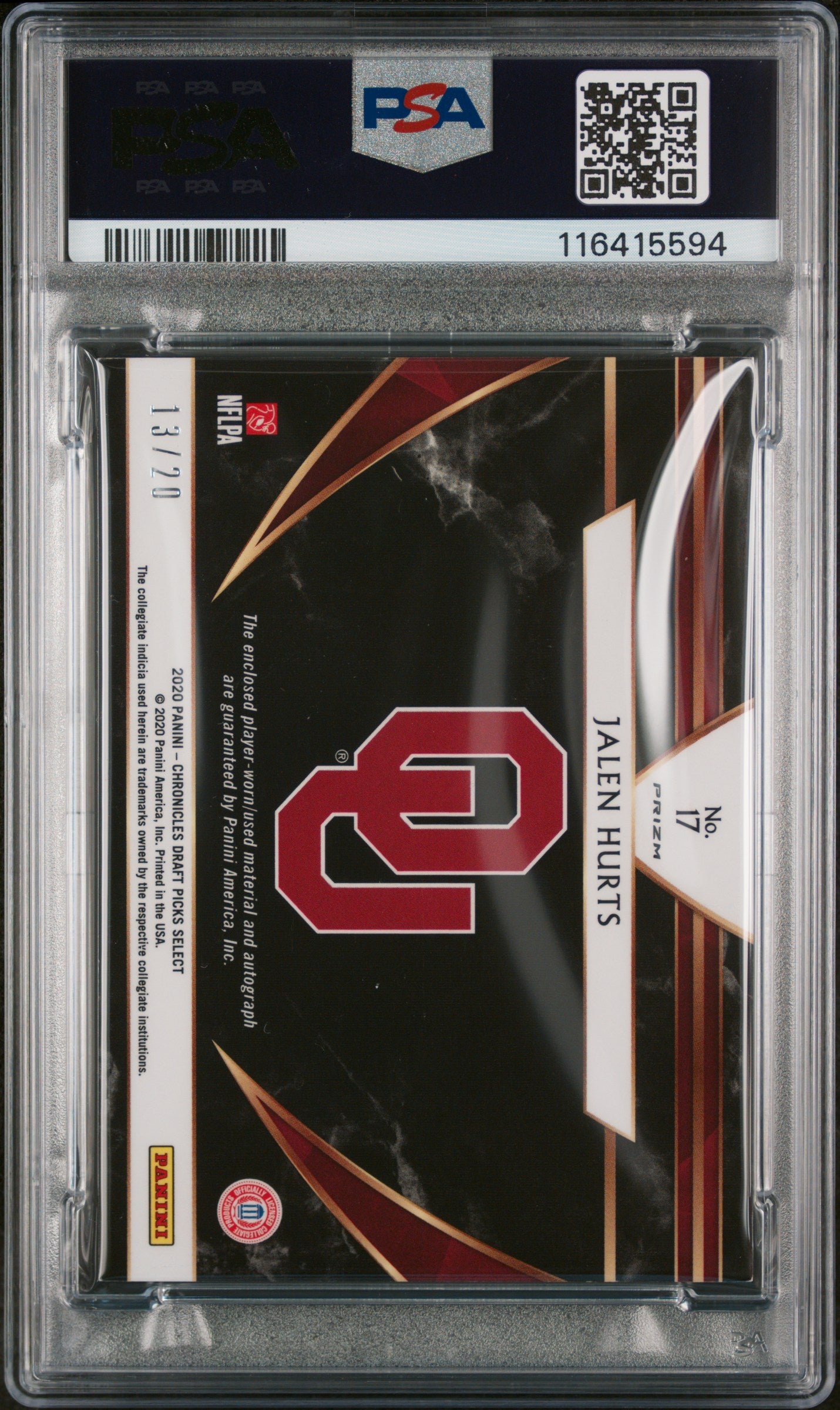 2020 Panini Chronicles Draft Picks Select Patch Autographs Purple Jalen Hurts #17 /20 PSA 8