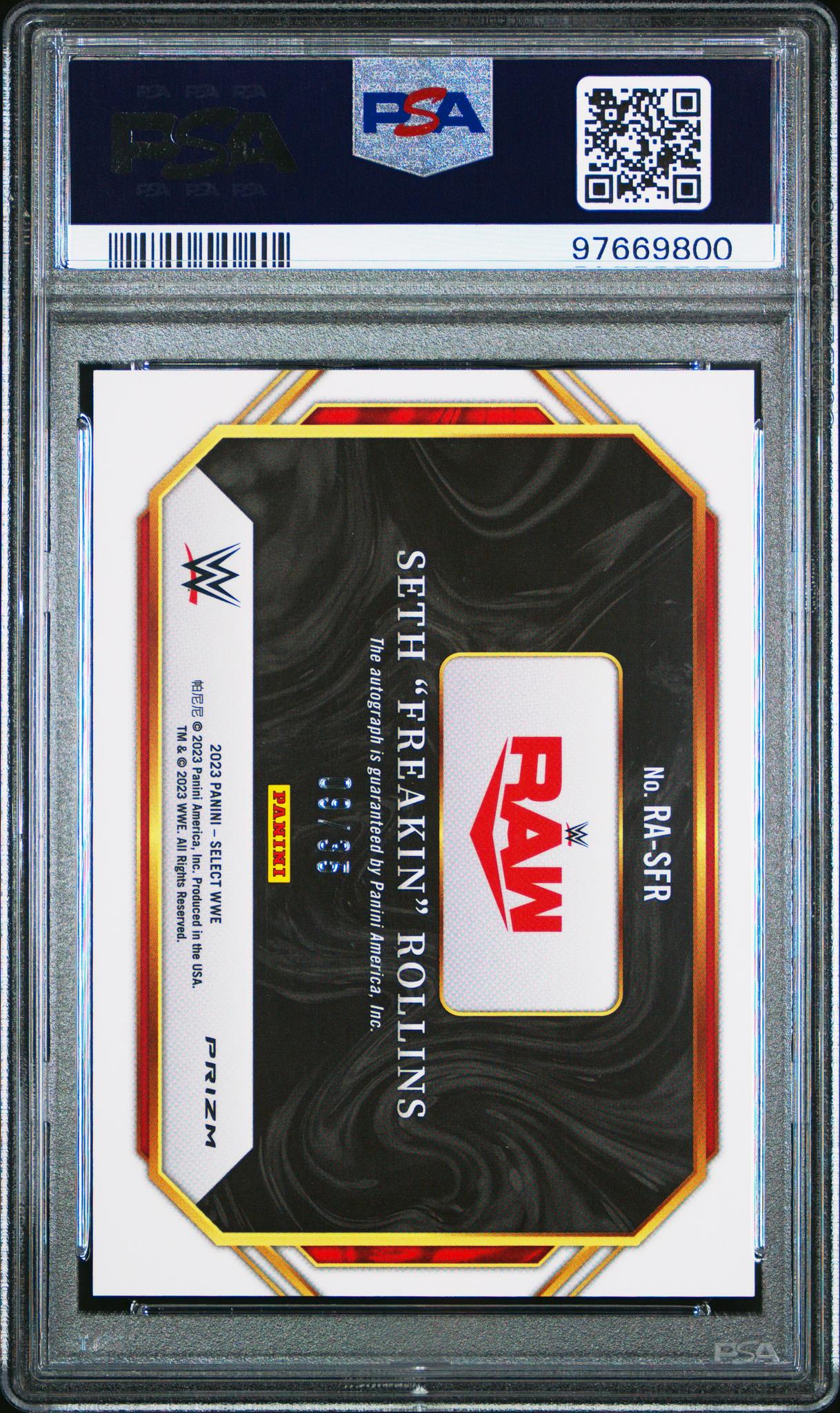 2023 Panini Select WWE Ringside Action Signatures Purple Seth Freakin Rollins #RASFR 99/99 PSA 10