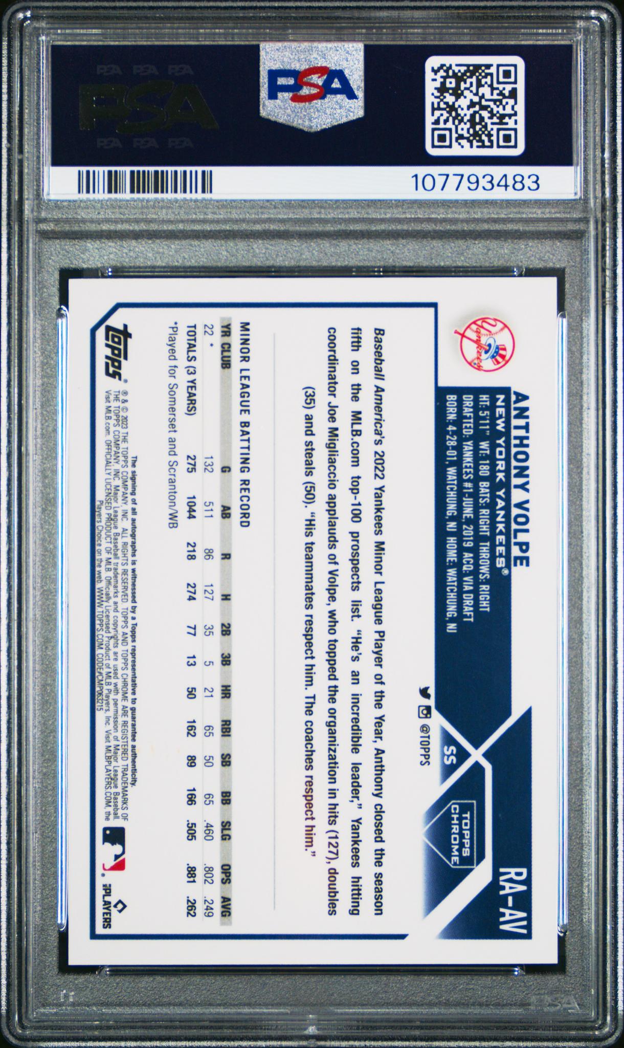 2023 Topps Chrome Rookie Autograph Aqua Wave Refractor Anthony Volpe #RAAV /199 PSA 10