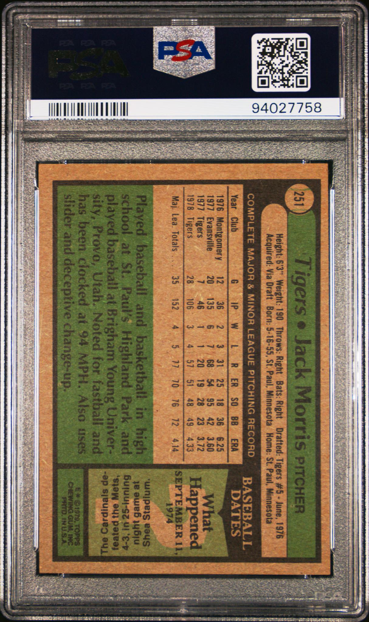 1979 Topps Jack Morris #251 PSA 8