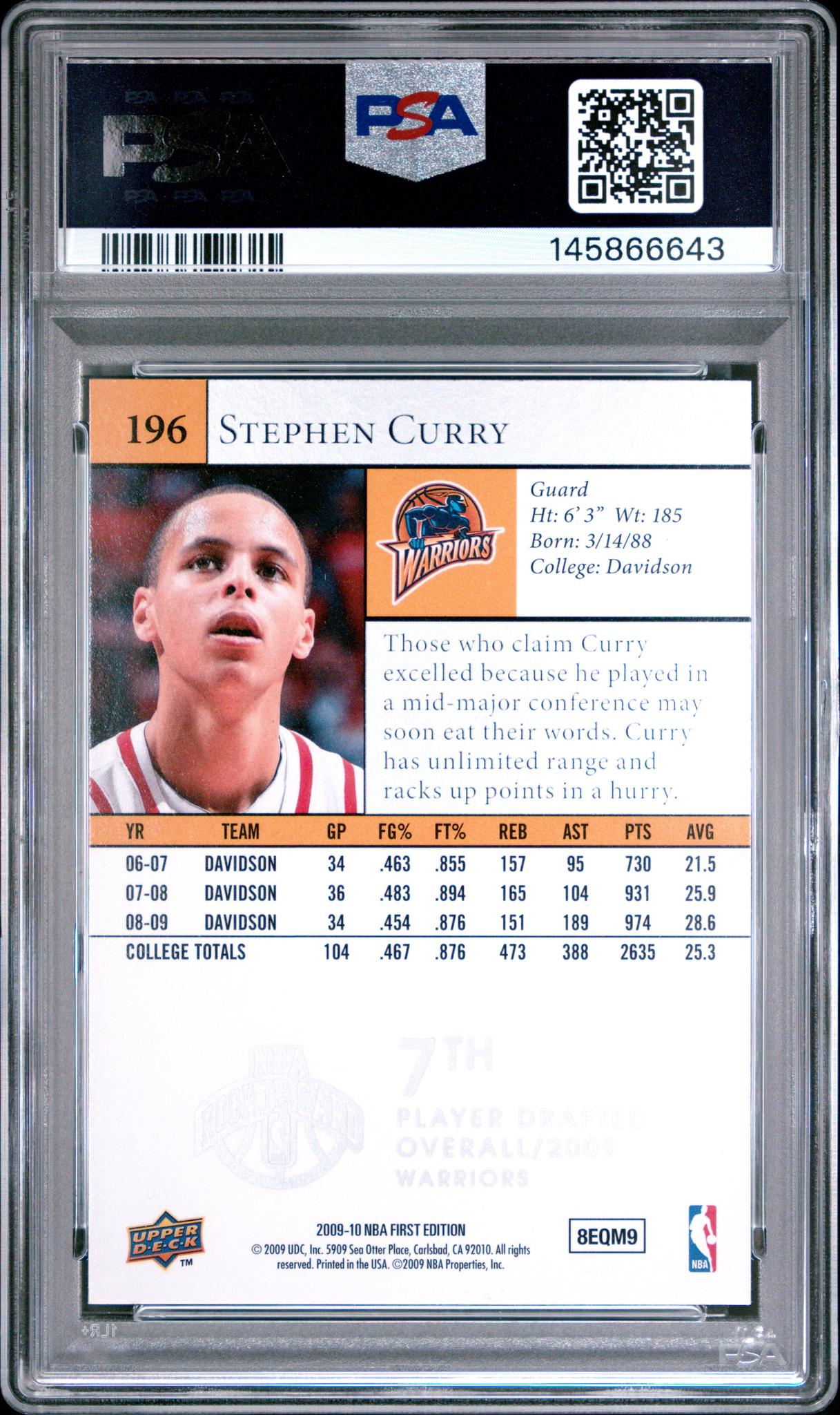2009 Upper Deck First Edition Stephen Curry #196 PSA 6