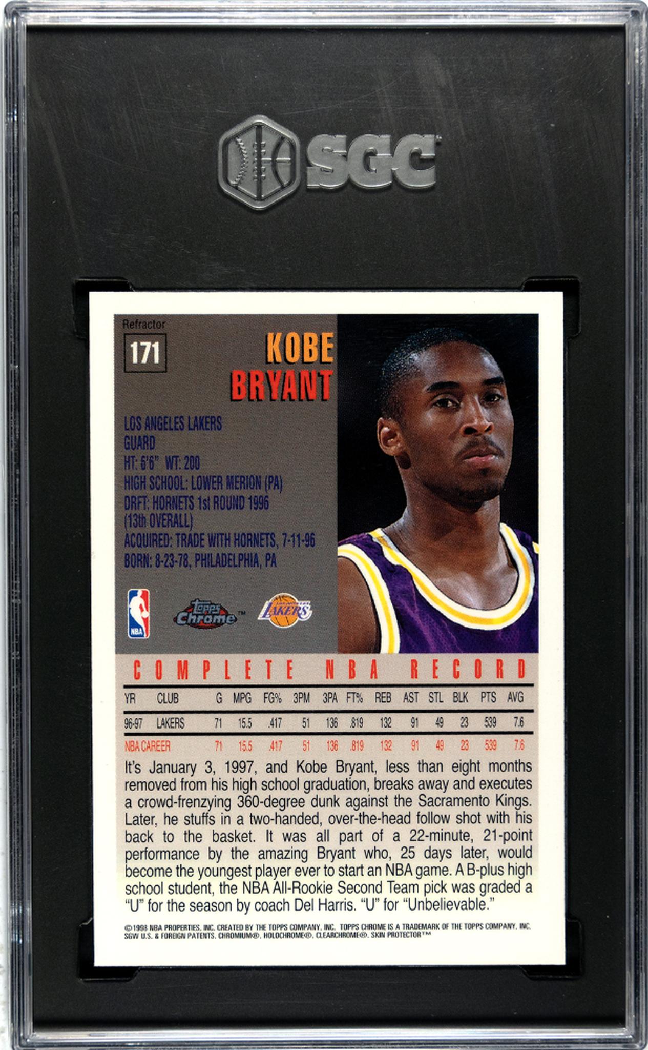 1997 Topps Chrome #171 Kobe Bryant Refractor SGC 8