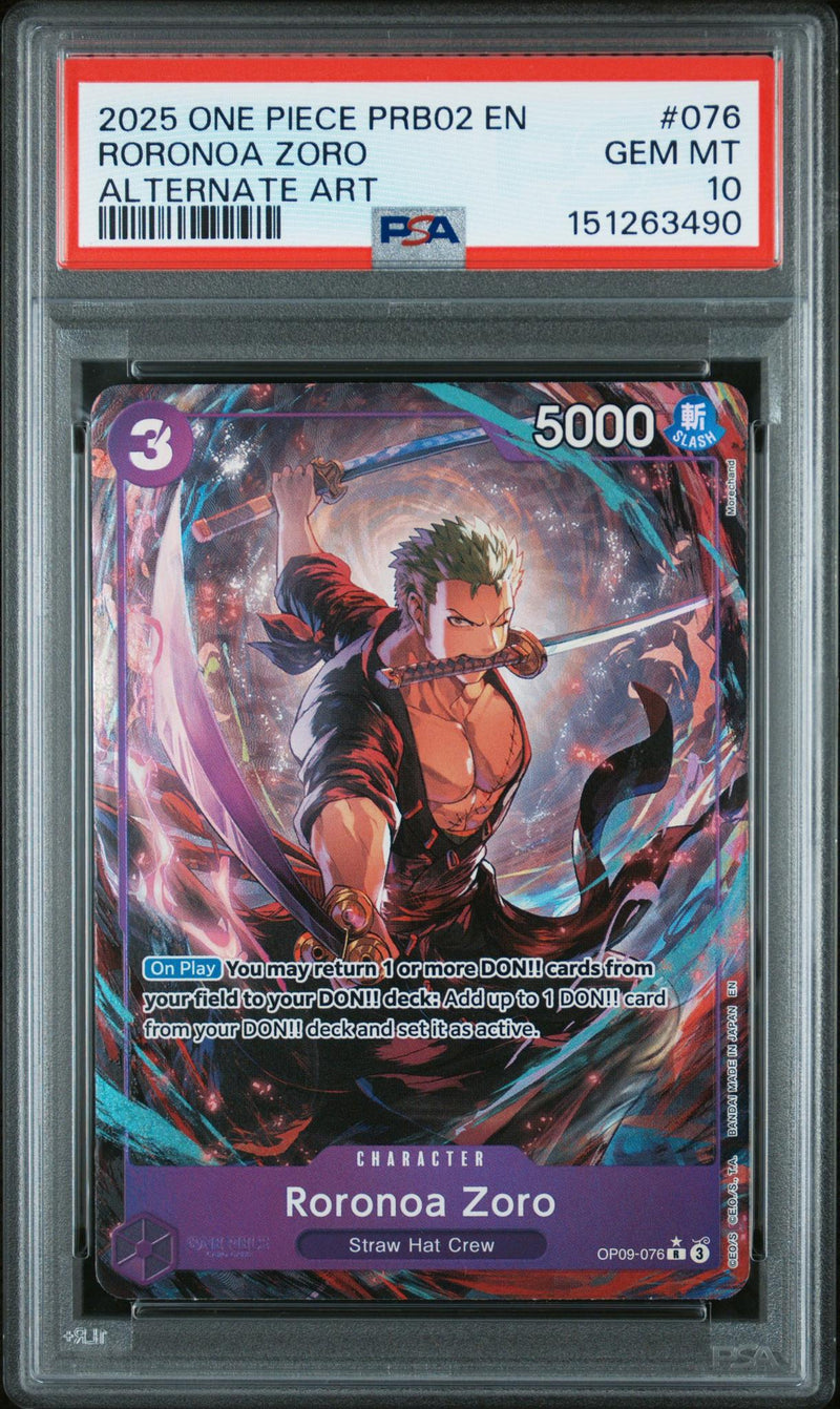2025 Premium Booster: the Best Vol.2 (Prb-02) - English (Borderless) Alt Art (En Above Japan On Border) Roronoa Zoro #OP09-076 PSA 10
