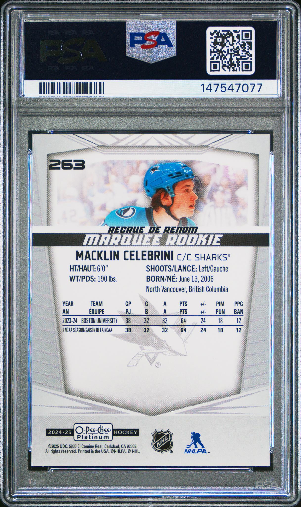 2024 O-Pee-Chee Platinum Macklin Celebrini #263 PSA 8