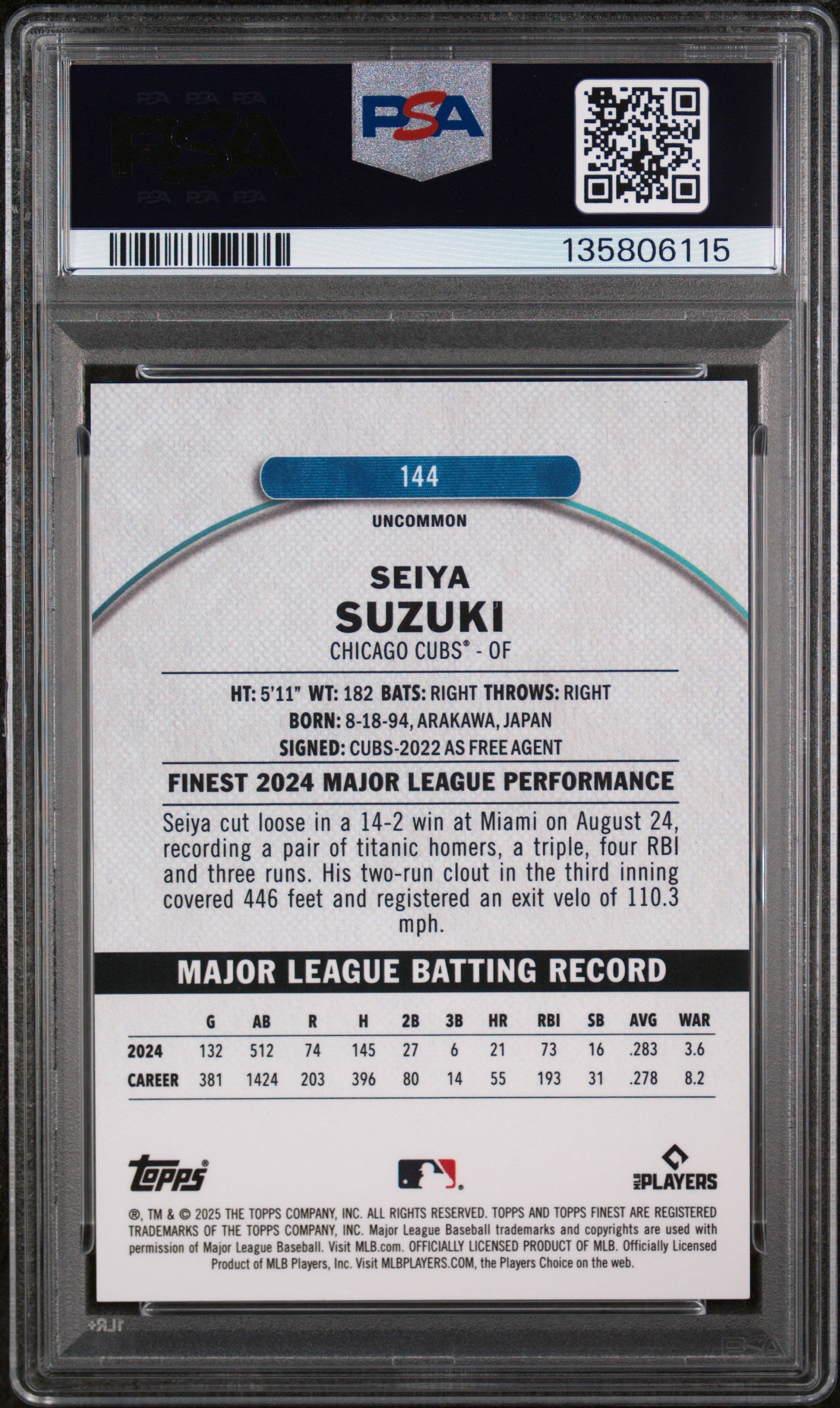 2025 Topps Finest Green Refractor Seiya Suzuki #144 35/35 PSA 10