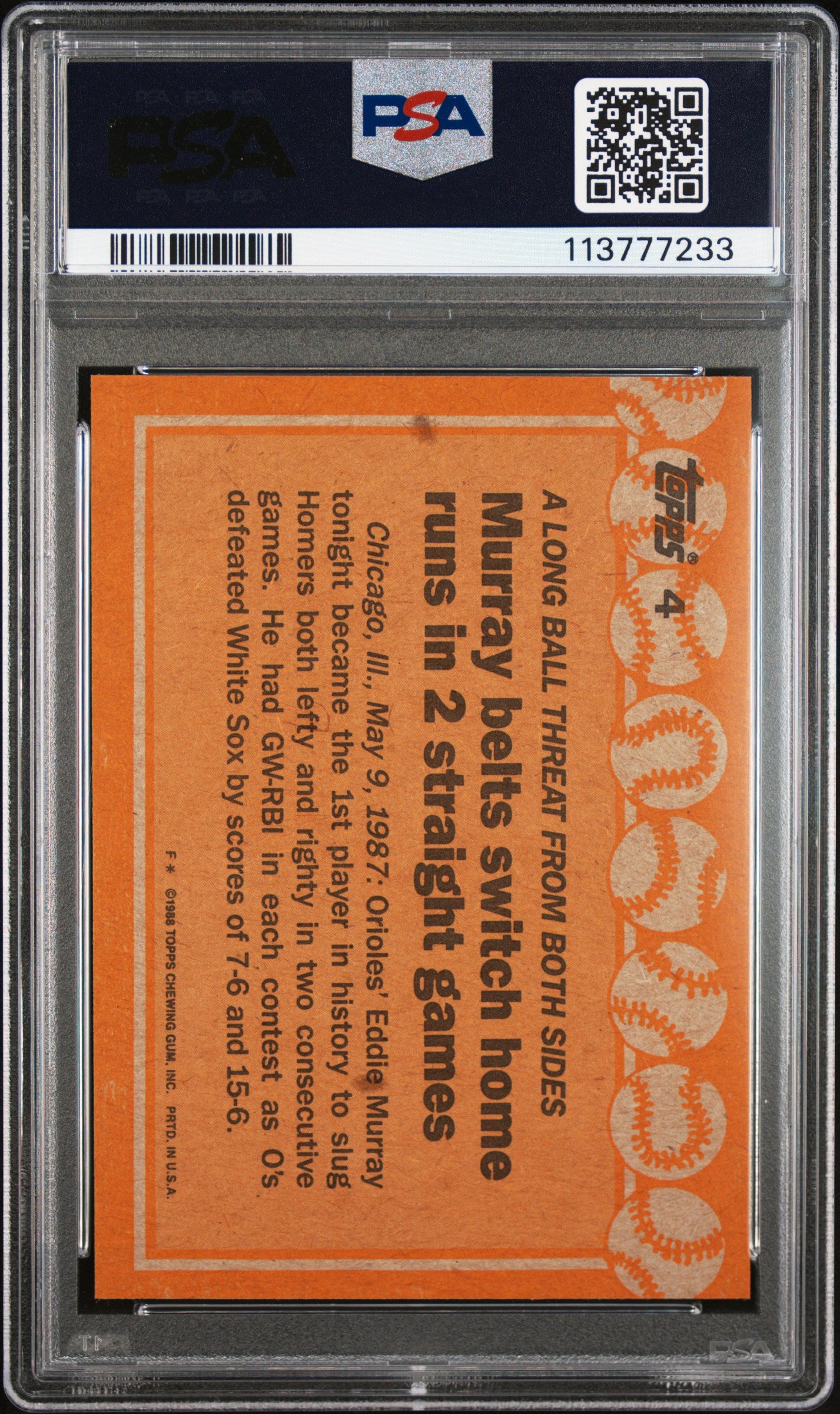 1988 Topps No Caption On Front Eddie Murray #4 PSA 10
