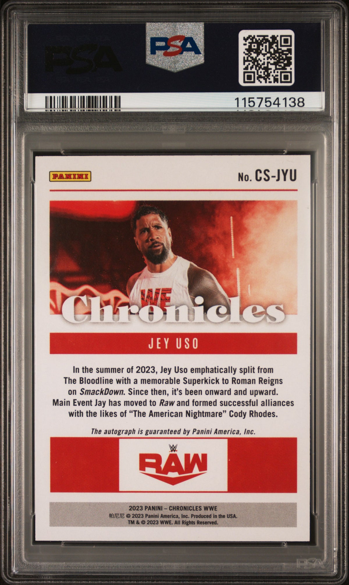 2023 Panini Chronicles WWE Jey Uso #CS-JYU Signature-Blue Auto PSA 10