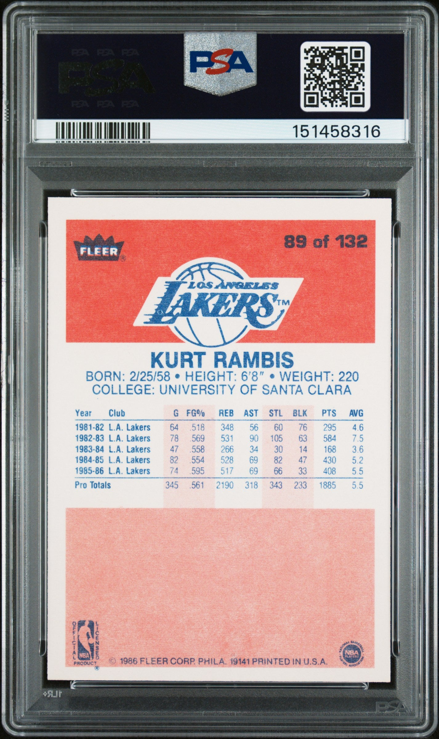 1986 Fleer Kurt Rambis #89 PSA 8