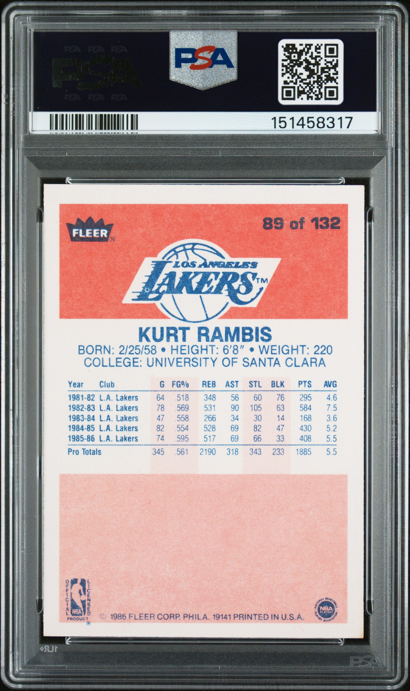 1986 Fleer Kurt Rambis #89 PSA 8