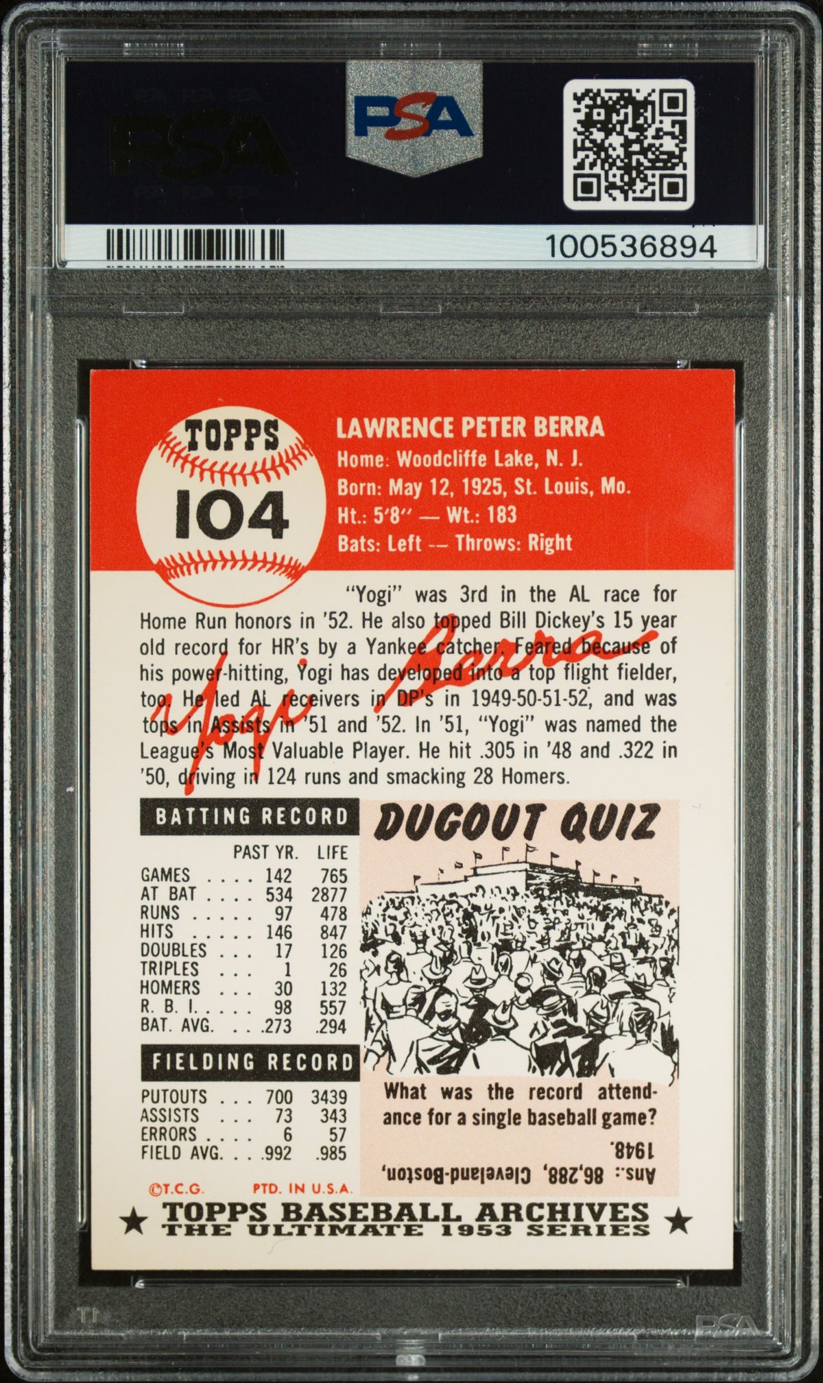 1991 Topps Archives '53 Yogi Berra #104 PSA 0