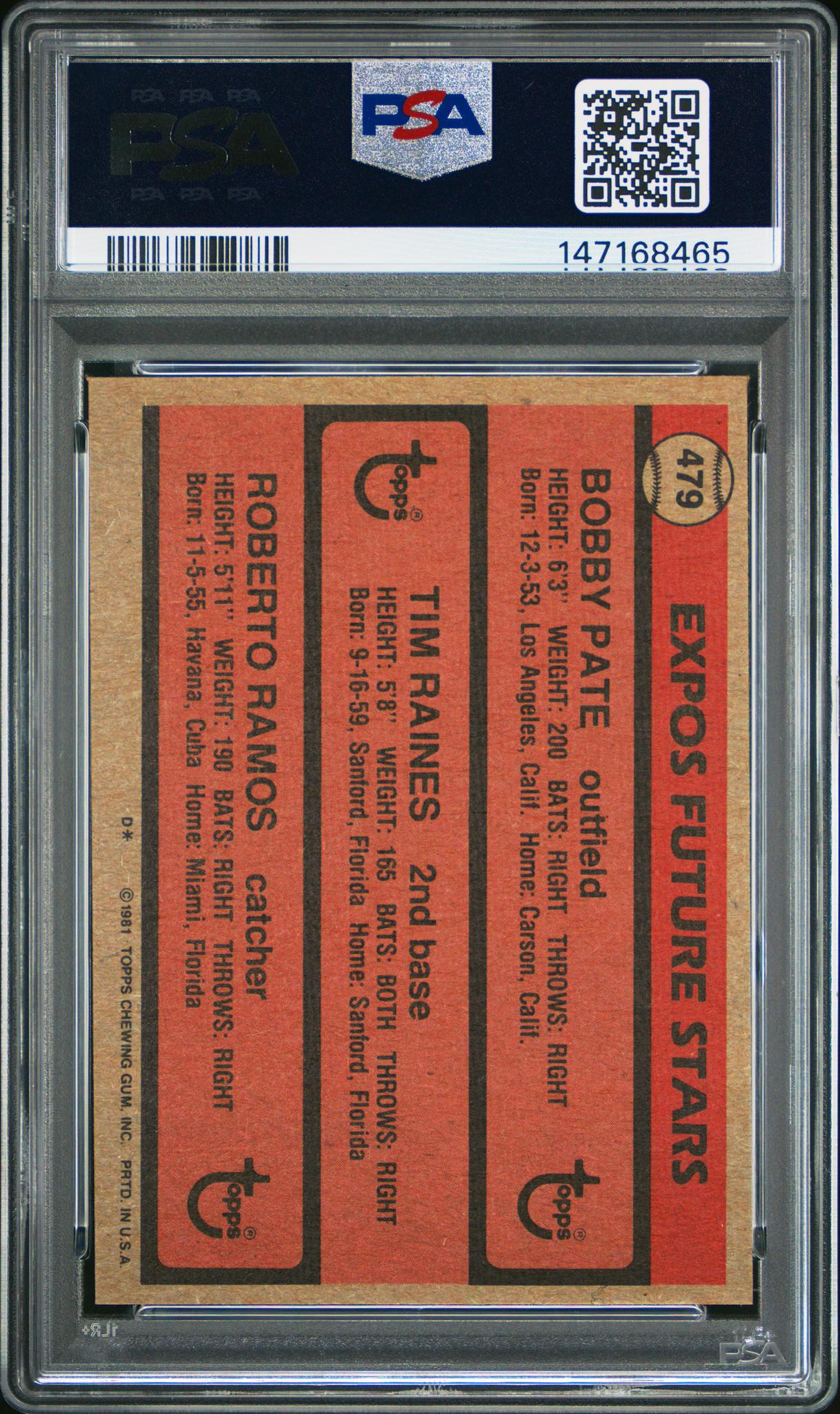 1981 Topps Expos Future Stars Bobby Pate/Roberto Ramos/Tim Raines #479 PSA 8