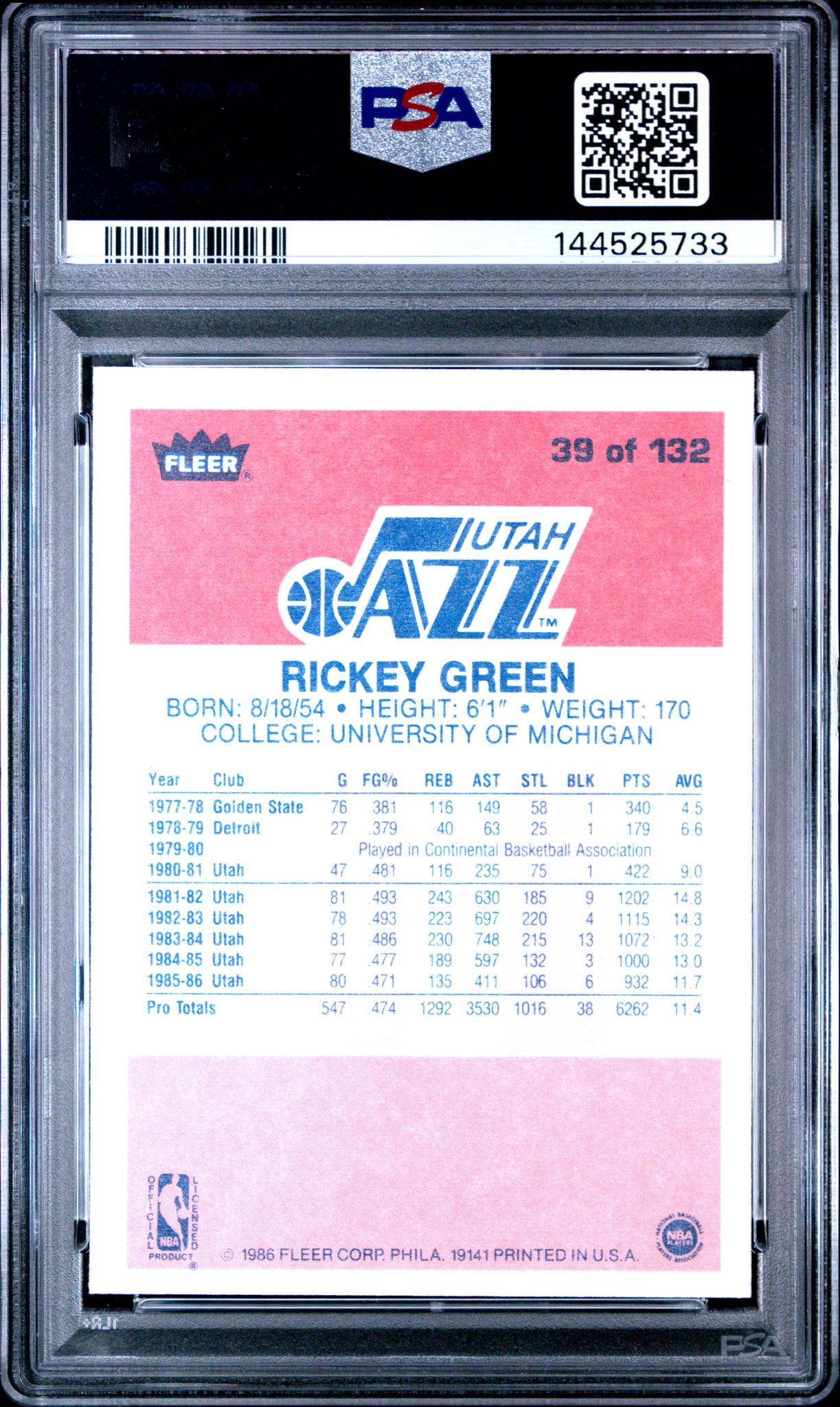 1986 Fleer Rickey Green #39 /39 PSA 9
