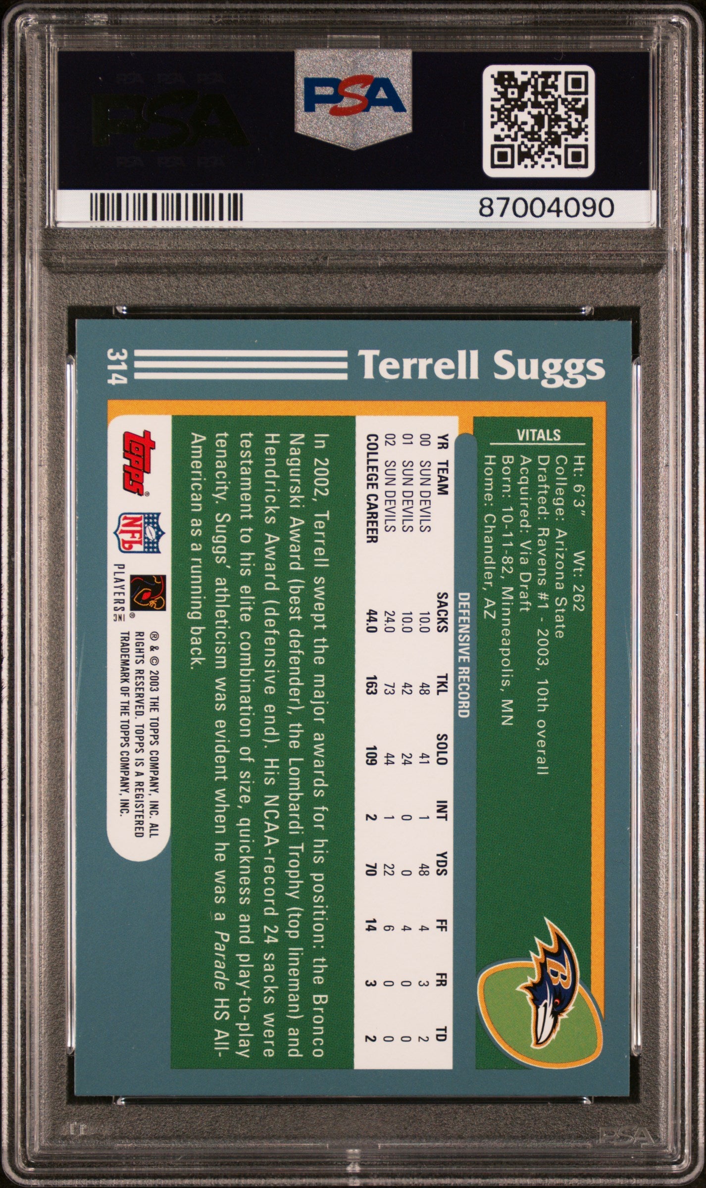 2003 Topps First Edition Terrell Suggs #314 PSA 9