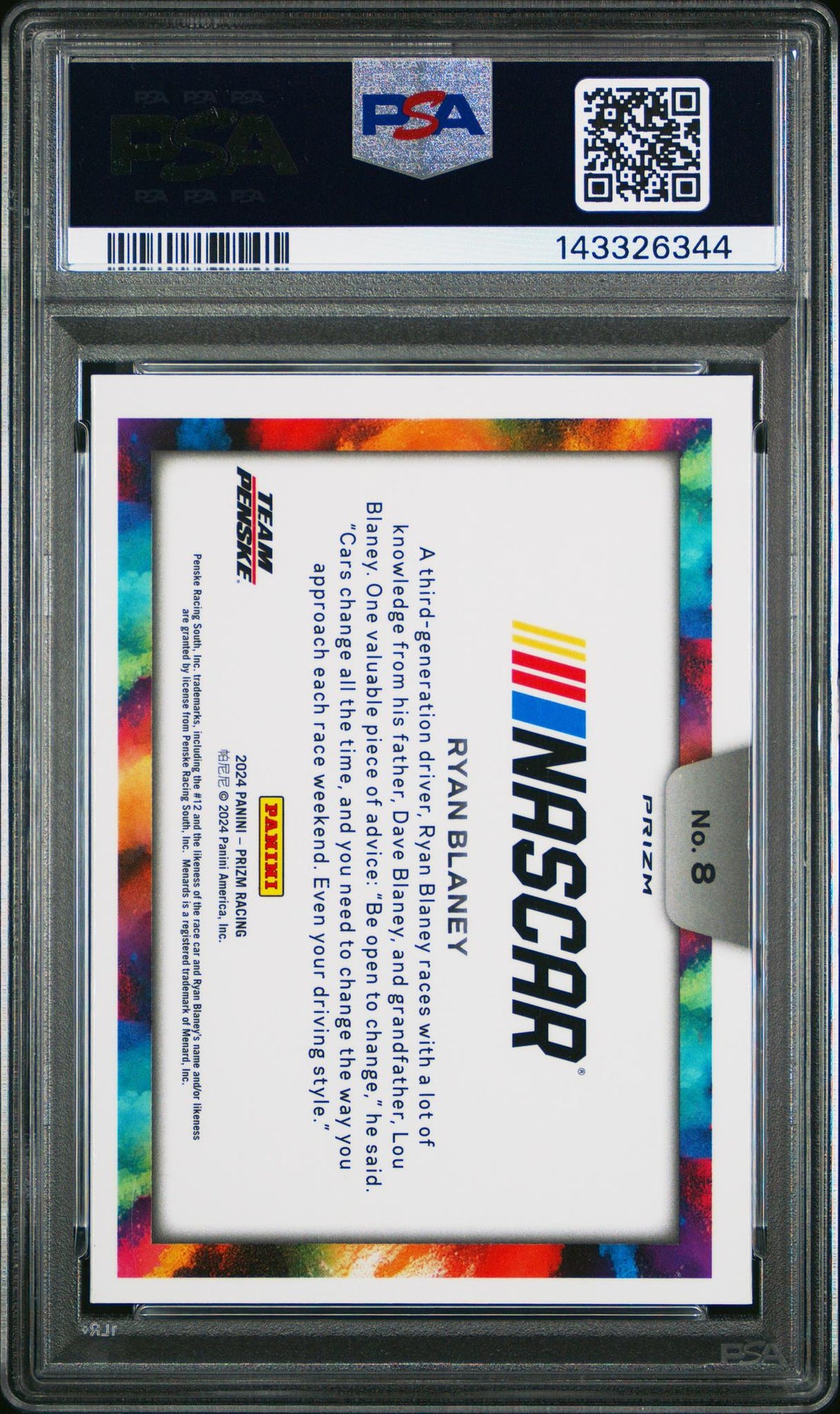 2024 Panini Prizm Nascar Color Blast Ryan Blaney #8 PSA 6