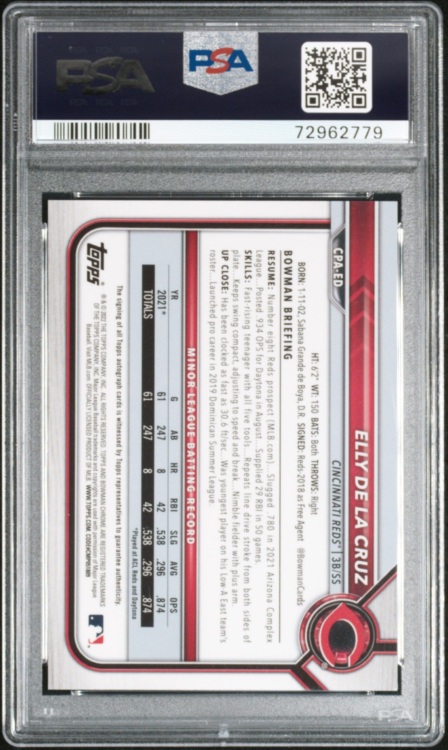 2022 Bowman Chrome Prospect Autograph Green Refractor Elly De La Cruz #CPAED /99 PSA 9