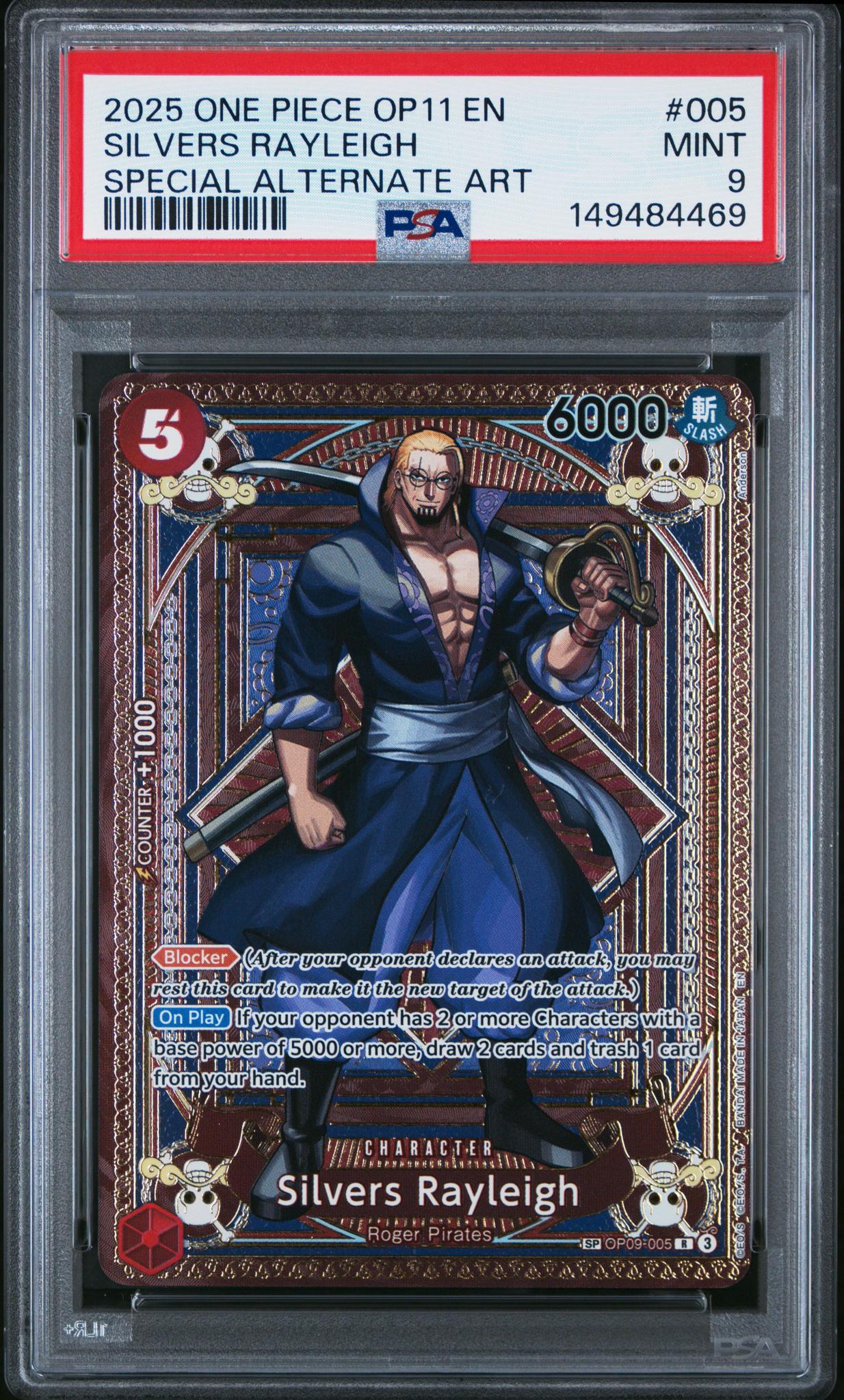 2025 One Piece Op11 A Fist of Divine Speed Special Alternate Art Silvers Rayleigh #OP09-005 PSA 9