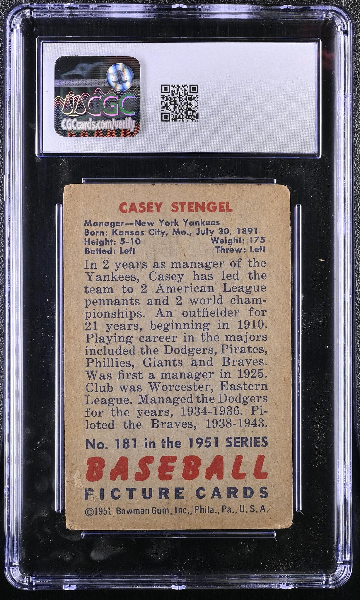 1951 Bowman #181 Casey Stengel CGC 1.5