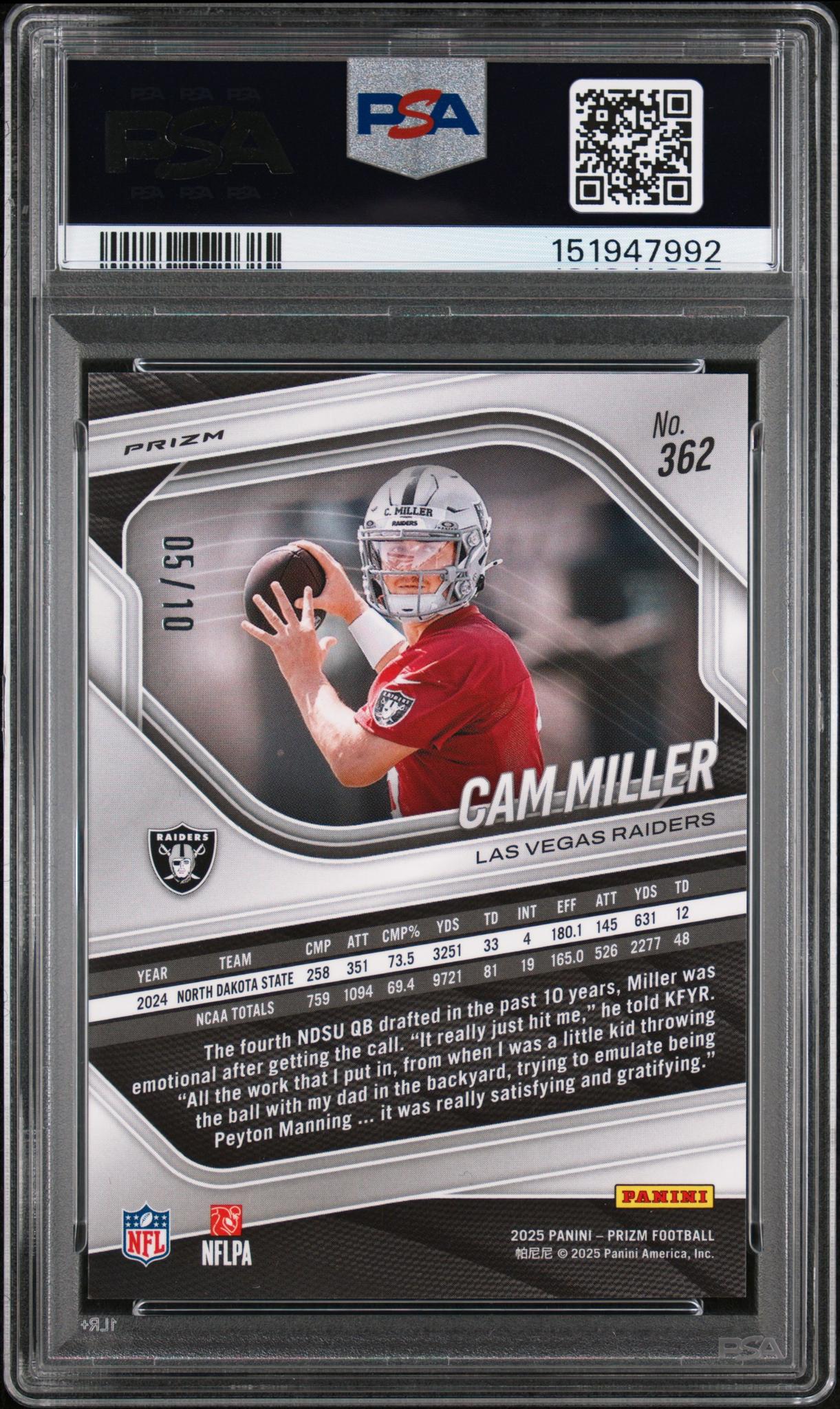 2025 Panini Prizm Gold Choice Cam Miller #362 /10 PSA 10