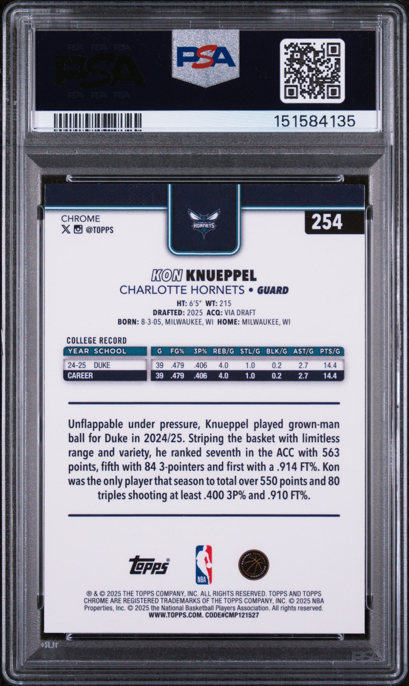 2025 Topps Chrome Red/White/Blue Refractor Kon Knueppel #254 PSA 10