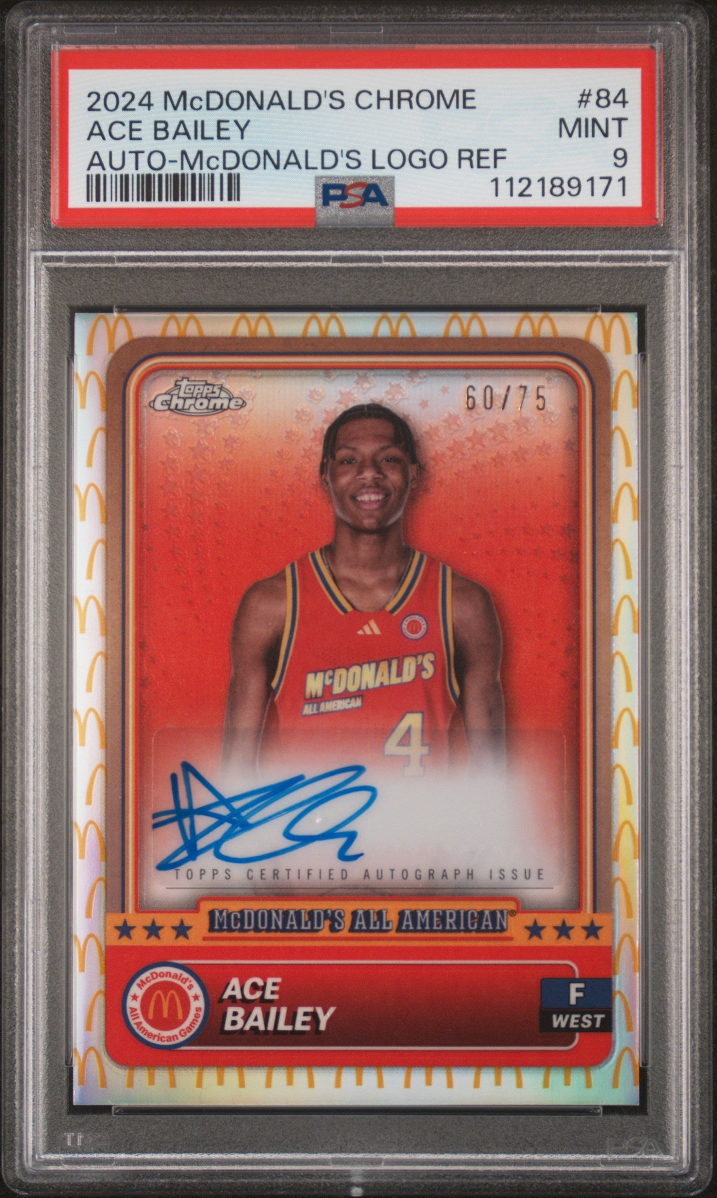 2024 Topps Chrome Mcdonald's All American Autograph-Mcdonald's Logo Refractor Ace Bailey #84 /75 PSA 9