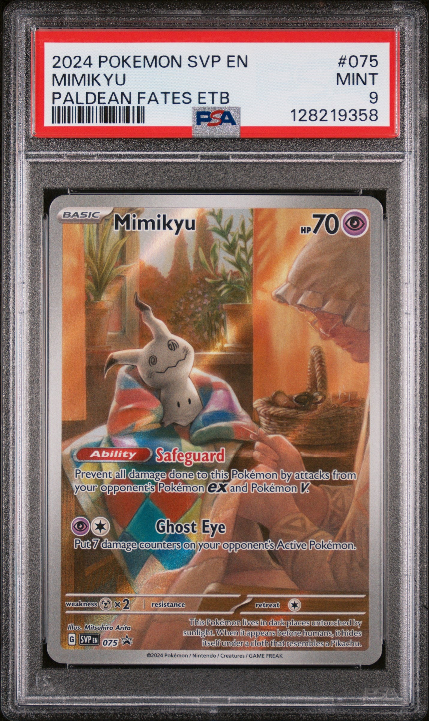 2024 Pokemon Scarlet and Violet Black Star Promo Paldean Fates Elite Trainer Box Mimikyu #075 PSA 9