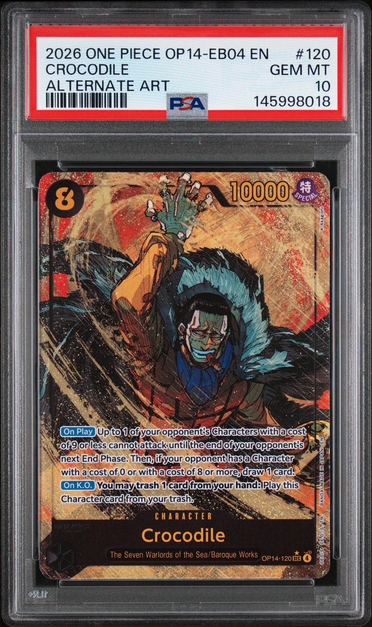 2026 One Piece Op14-Eb04-The Azure Sea's Seven Alternate Art Crocodile #120 PSA 10
