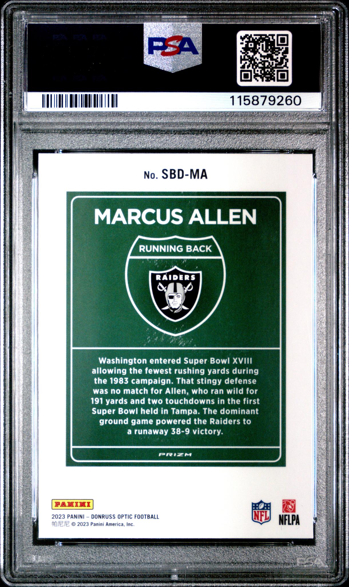 2023 Donruss Optic Downtown Super Bowl Marcus Allen #SBD-MA PSA 10