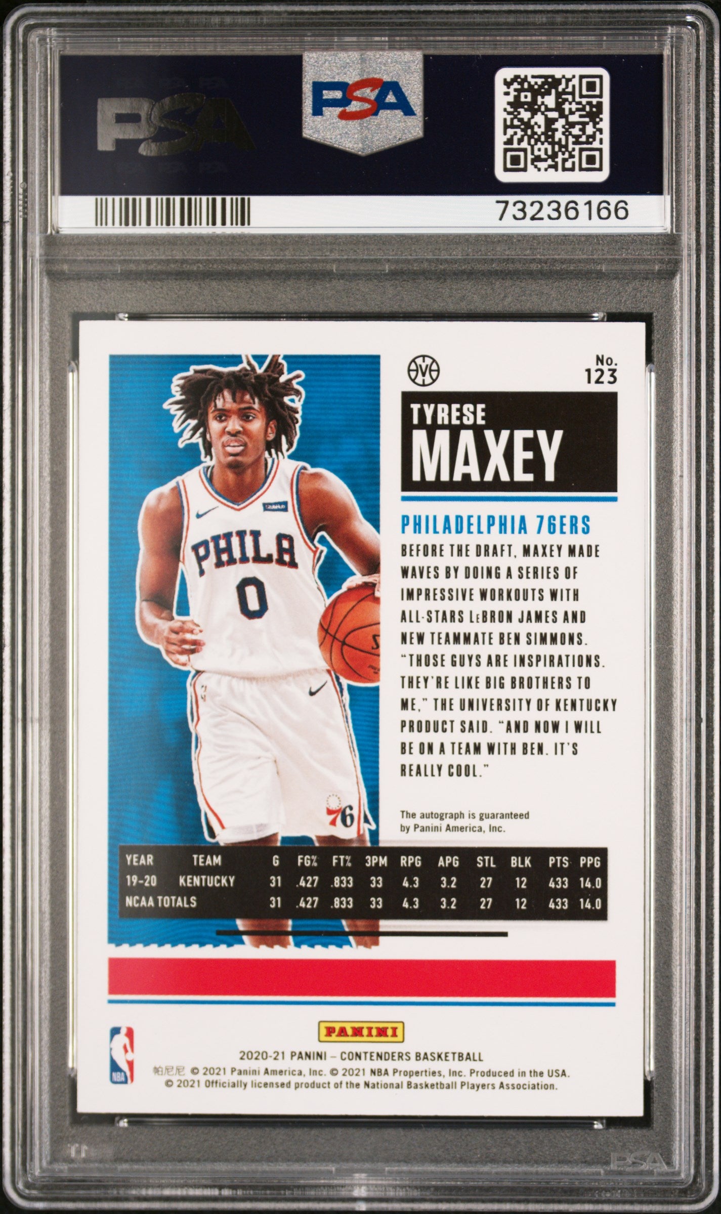 2020 Panini Contenders Ball In Left Hand Variation Rookie Ticket Autograph Tyrese Maxey #123 PSA 9
