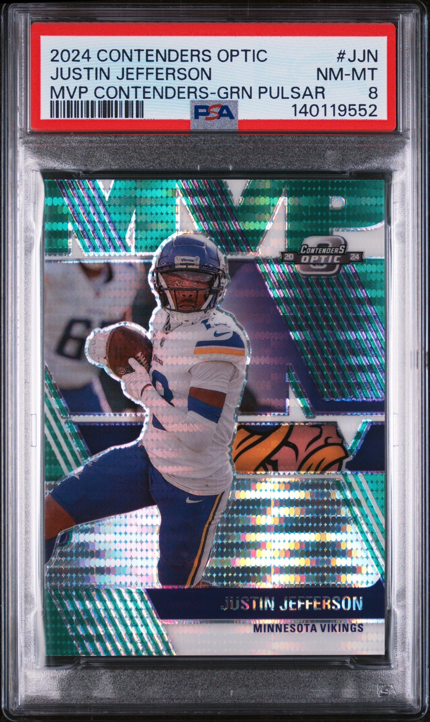 2024 Panini Contenders Optic MVP Contenders Green Pulsar Justin Jefferson #JJN /30 PSA 8