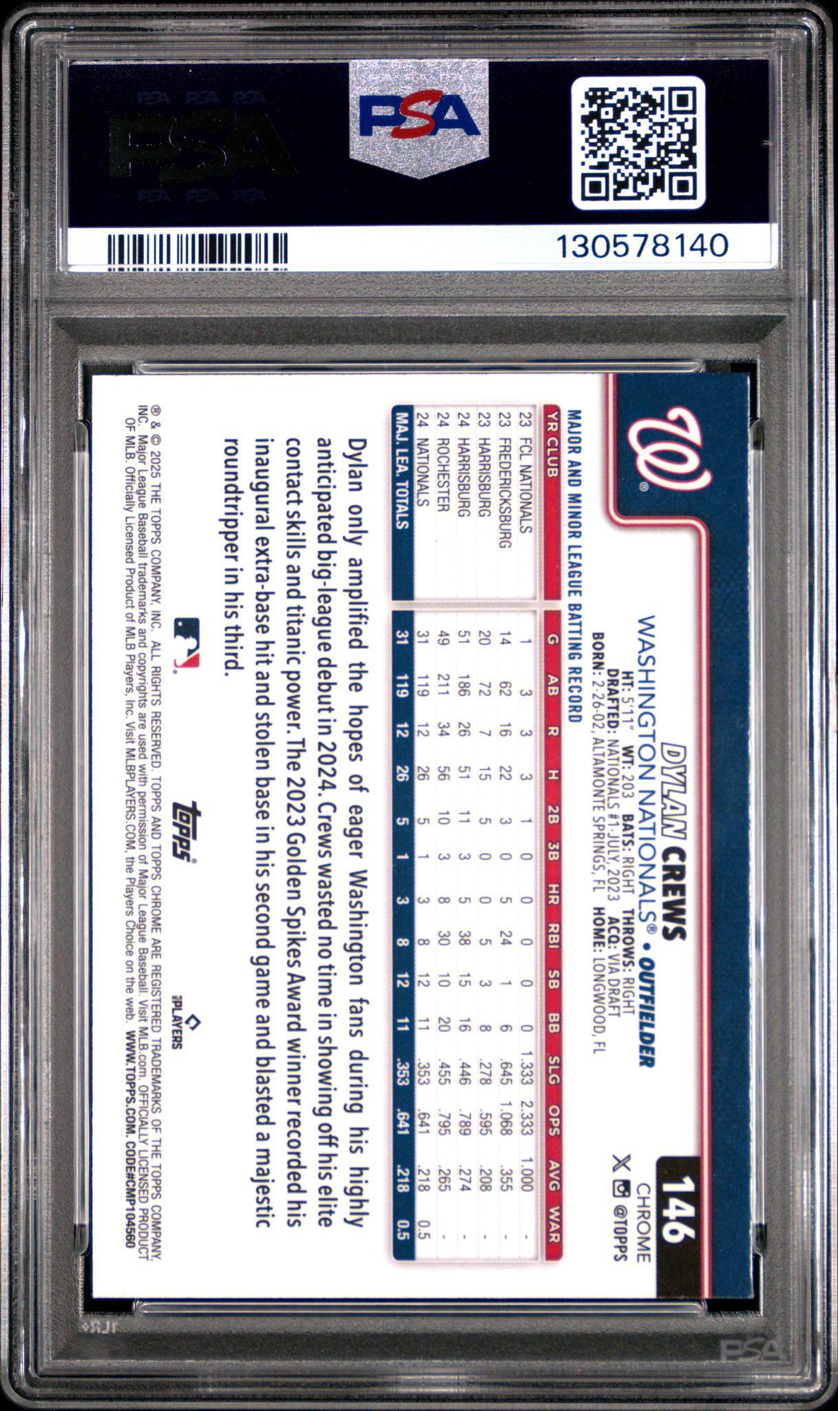 2025 Topps Chrome Variation Dylan Crews #146 PSA 9