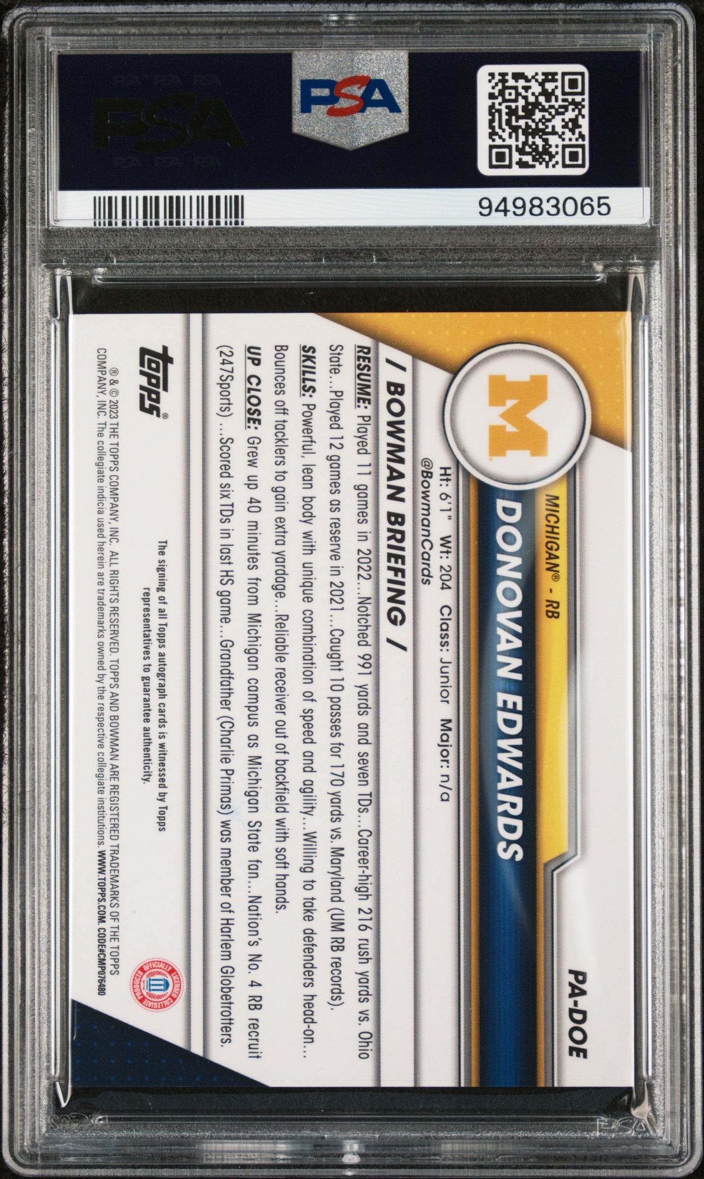 2023 Bowman University Chrome Sapphire Prospect Autograph Donovan Edwards #DOE PSA 9