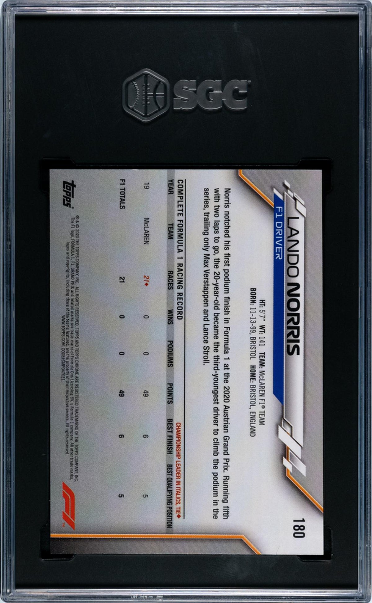 2020 Topps Chrome Sapphire #180 Lando Norris SGC 10