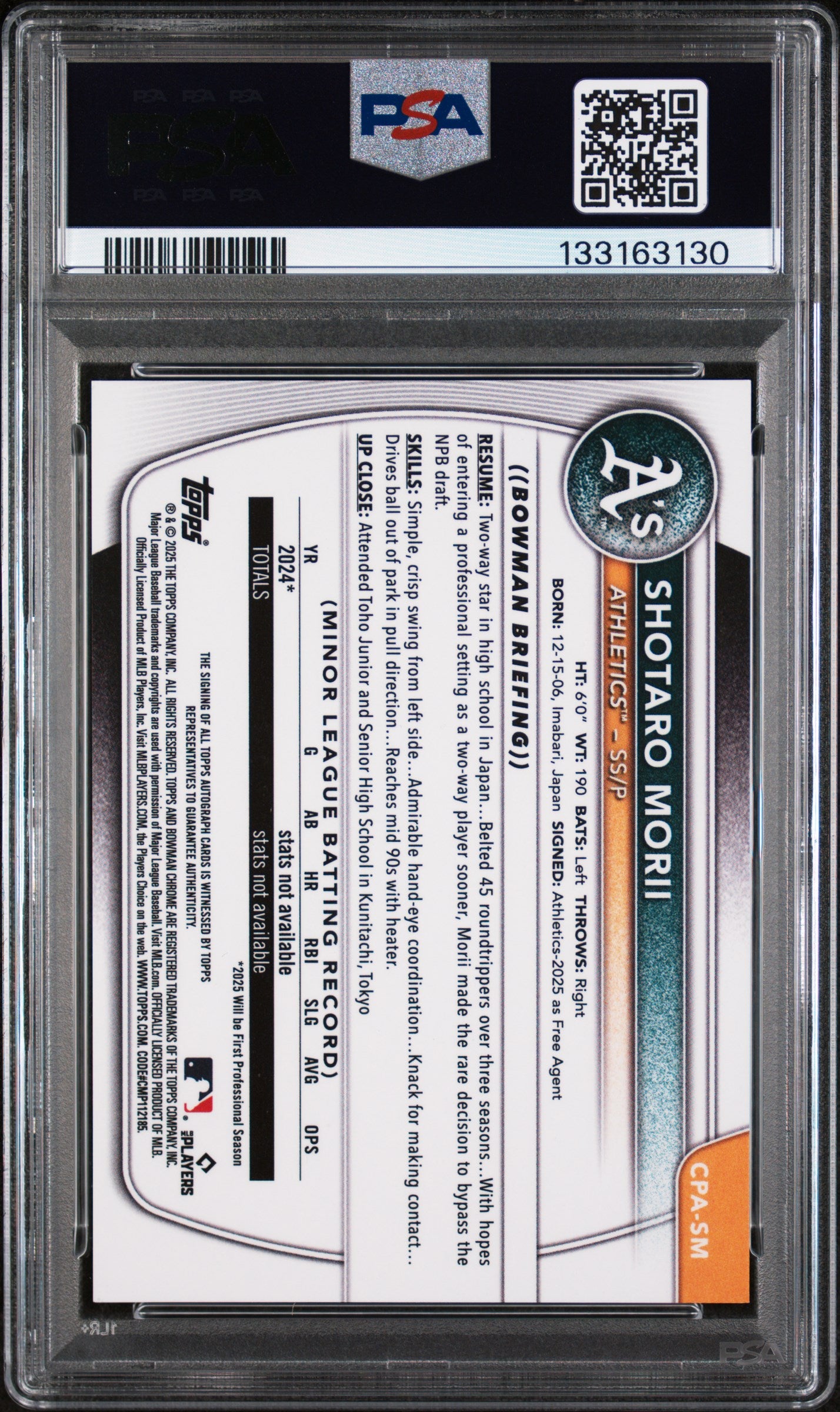 2025 Chrome Prospect Autographs Hta Choice Refractors Shotaro Morii #CPASM /150 PSA 10