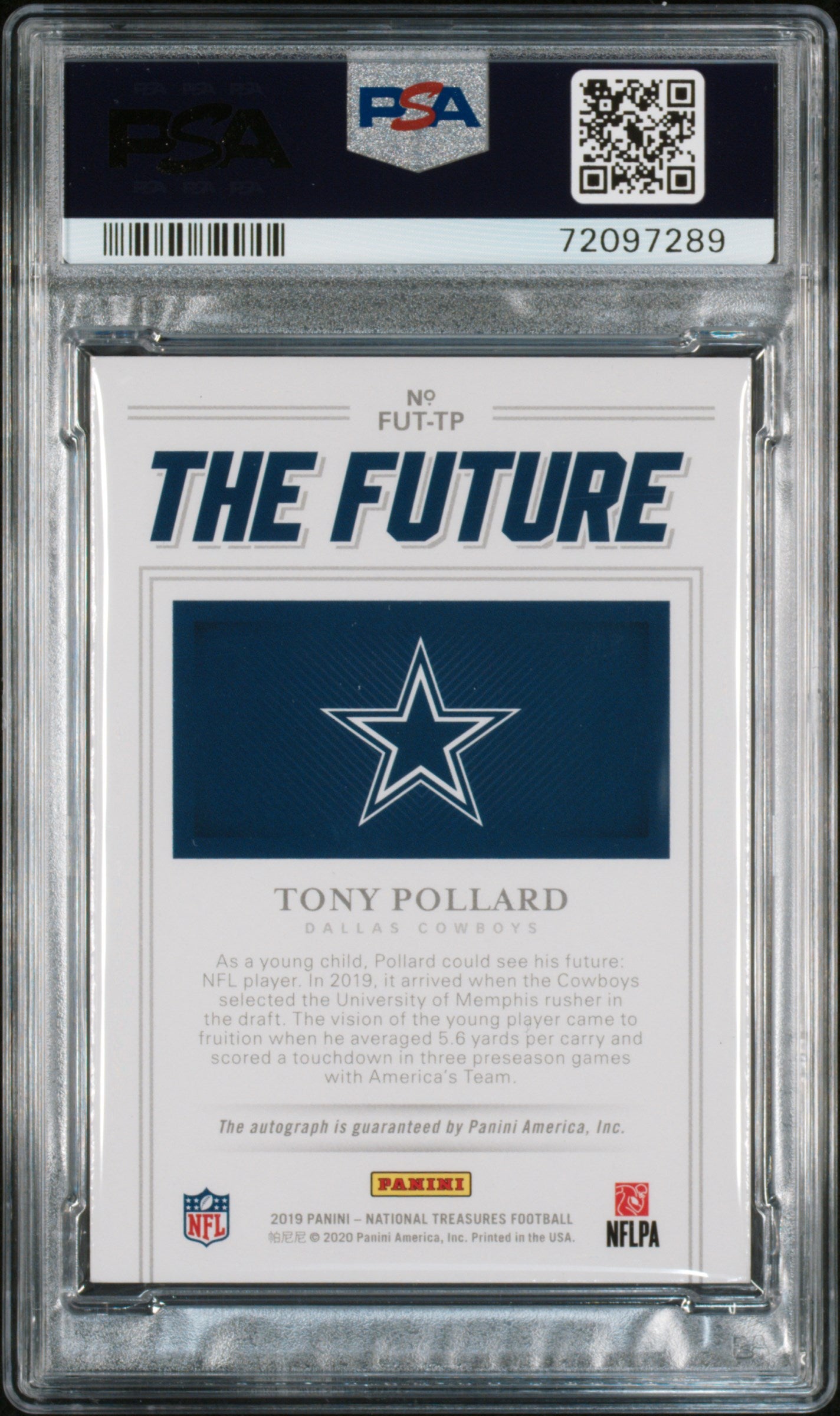 2019 Panini National Treasures the Future Autographs Tony Pollard #FUTTP /25 PSA 9