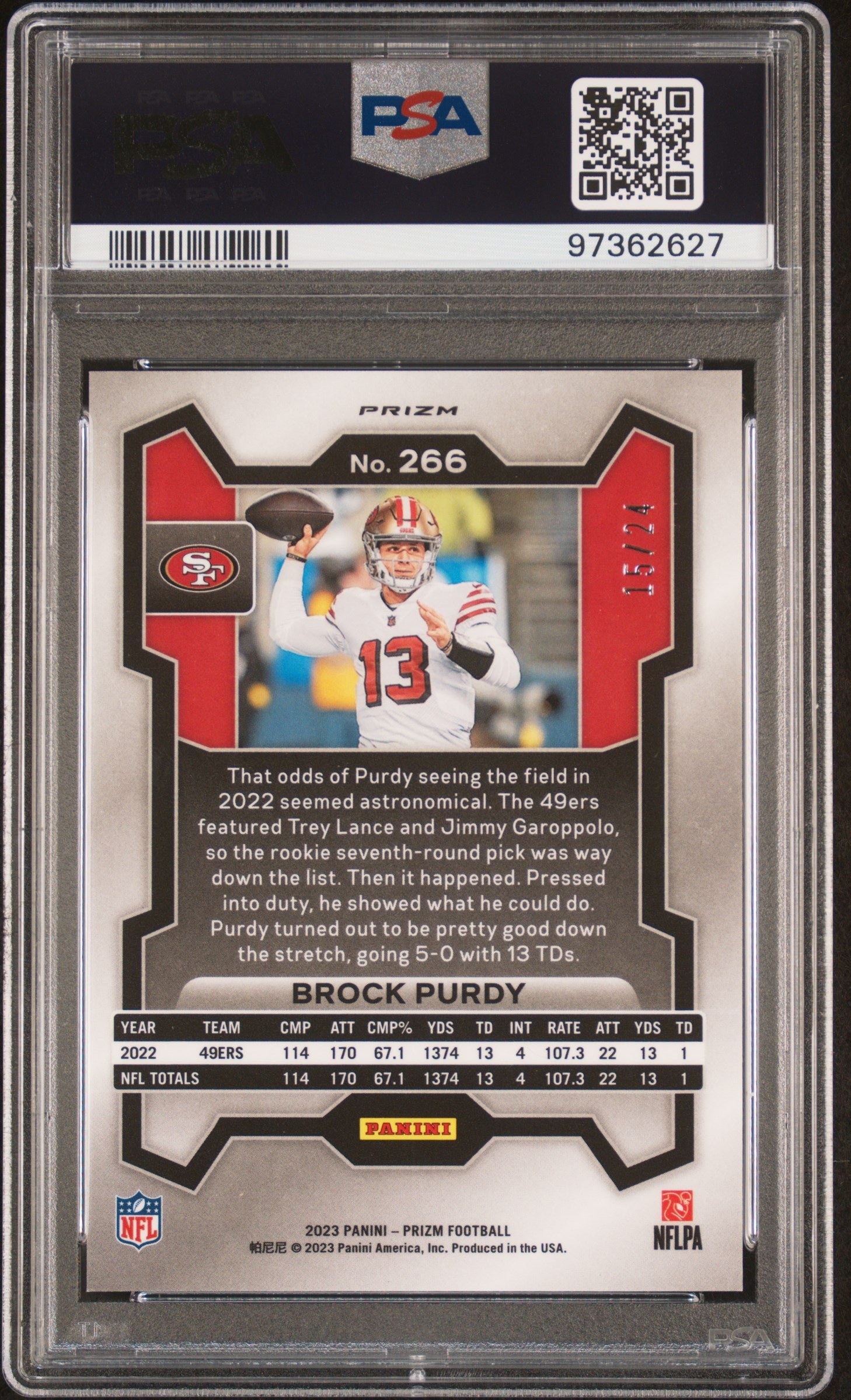 2023 Panini Prizm Gold Sparkle Brock Purdy #266 /24 PSA 10