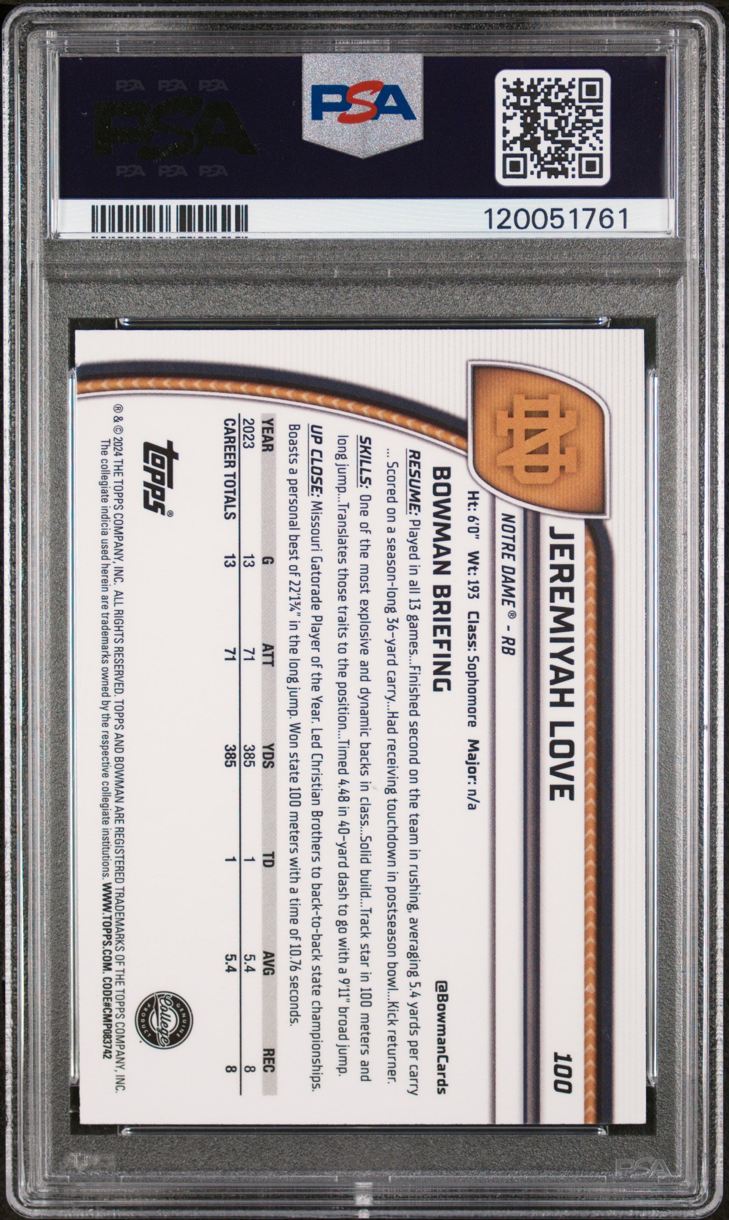 2024 Chrome Sapphire University Jeremiyah Love #100 PSA 10