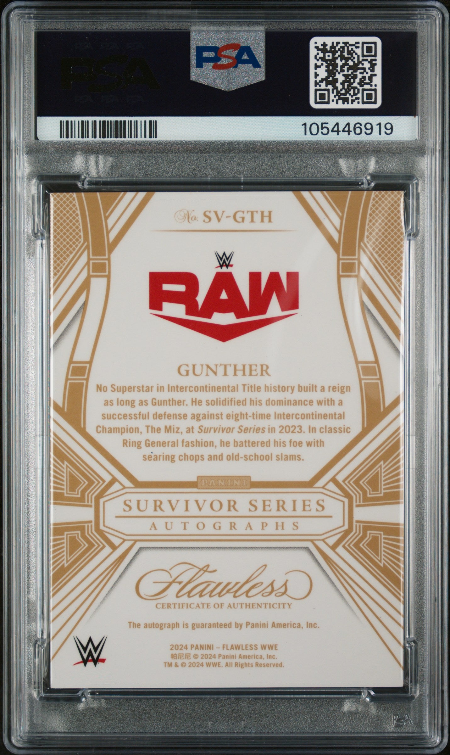 2024 Panini Flawless WWE Flawless Survivor Series Autographs Sapphire Gunther #SVGTH /20 PSA 8