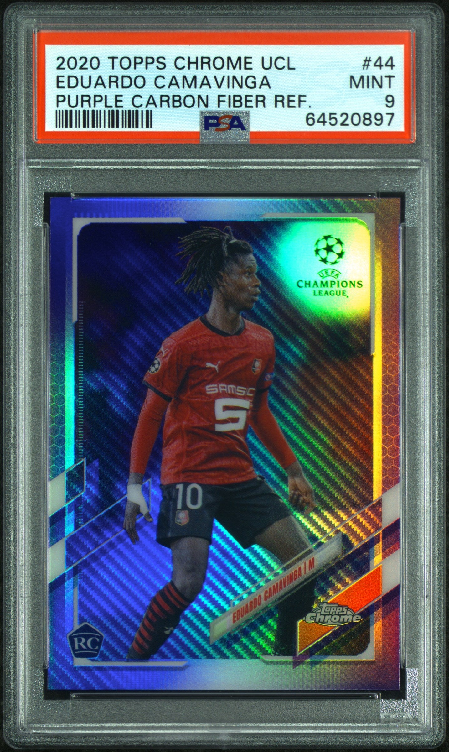 2020 Topps Chrome UEFA Champions League Purple Carbon Fiber Refractor Eduardo Camavinga #44 PSA 9