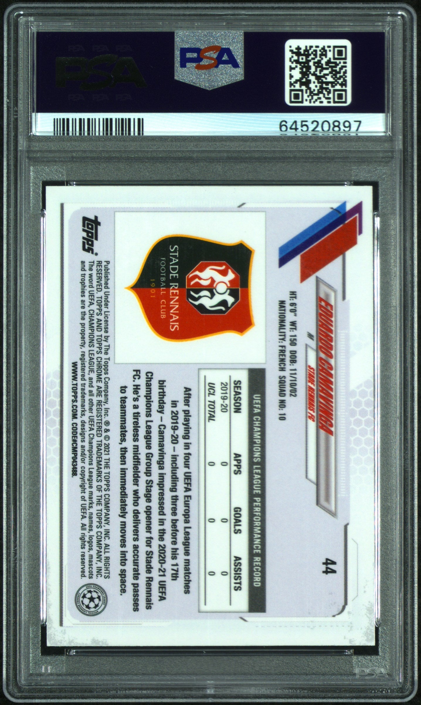 2020 Topps Chrome UEFA Champions League Purple Carbon Fiber Refractor Eduardo Camavinga #44 PSA 9