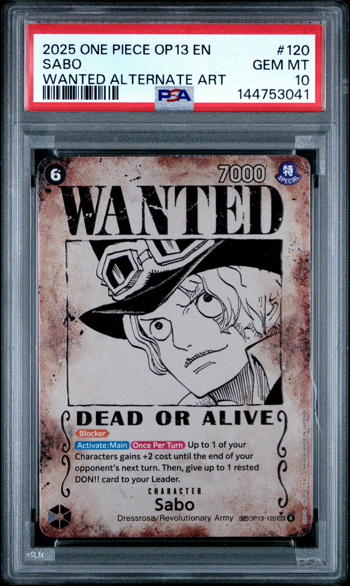 2025 One Piece Carrying On His Will Wanted Poster Alternate Art Sabo #OP13-120 /120 PSA 10