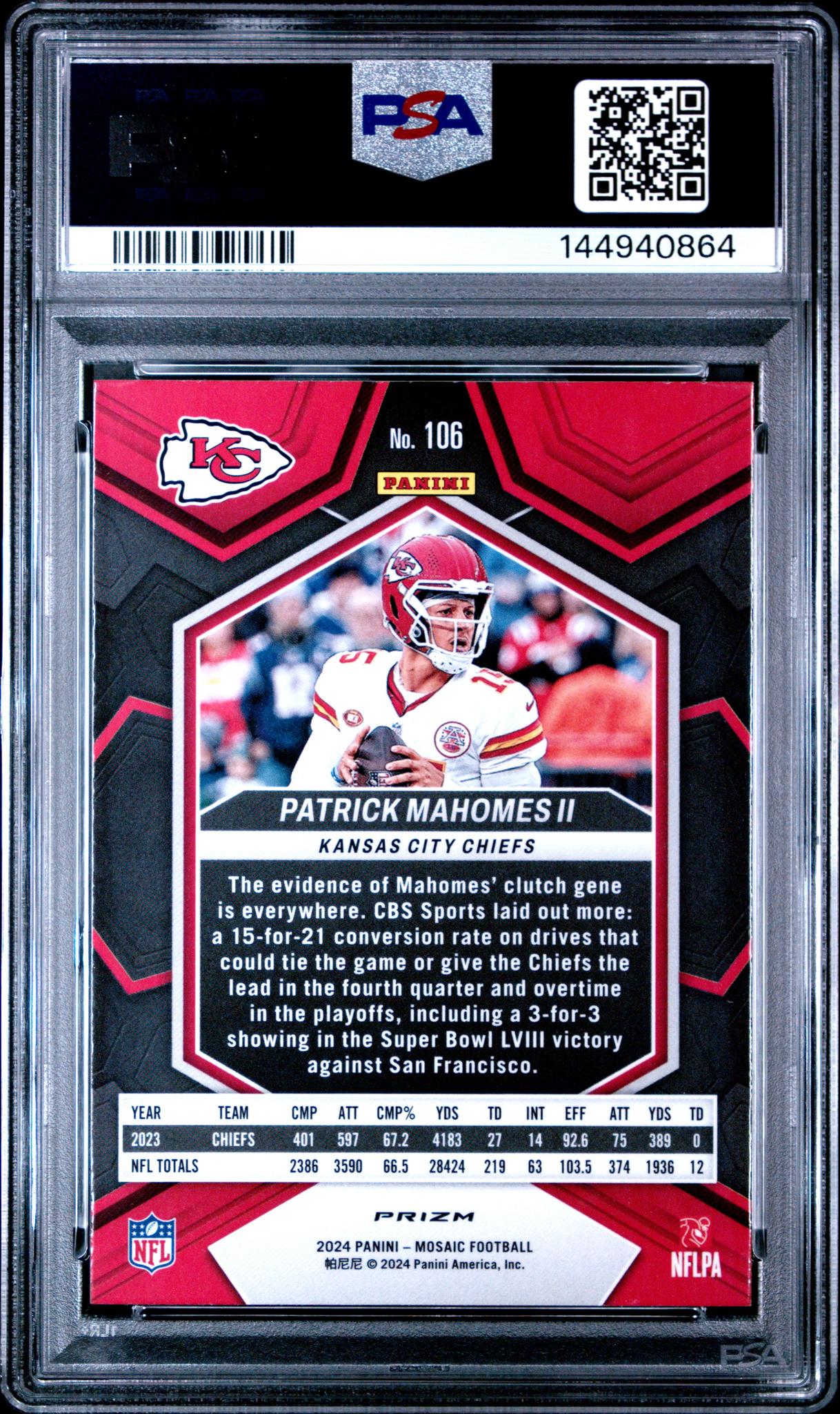 2024 Panini Mosaic Reactive Blue Mosaic Patrick Mahomes II #106 PSA 10