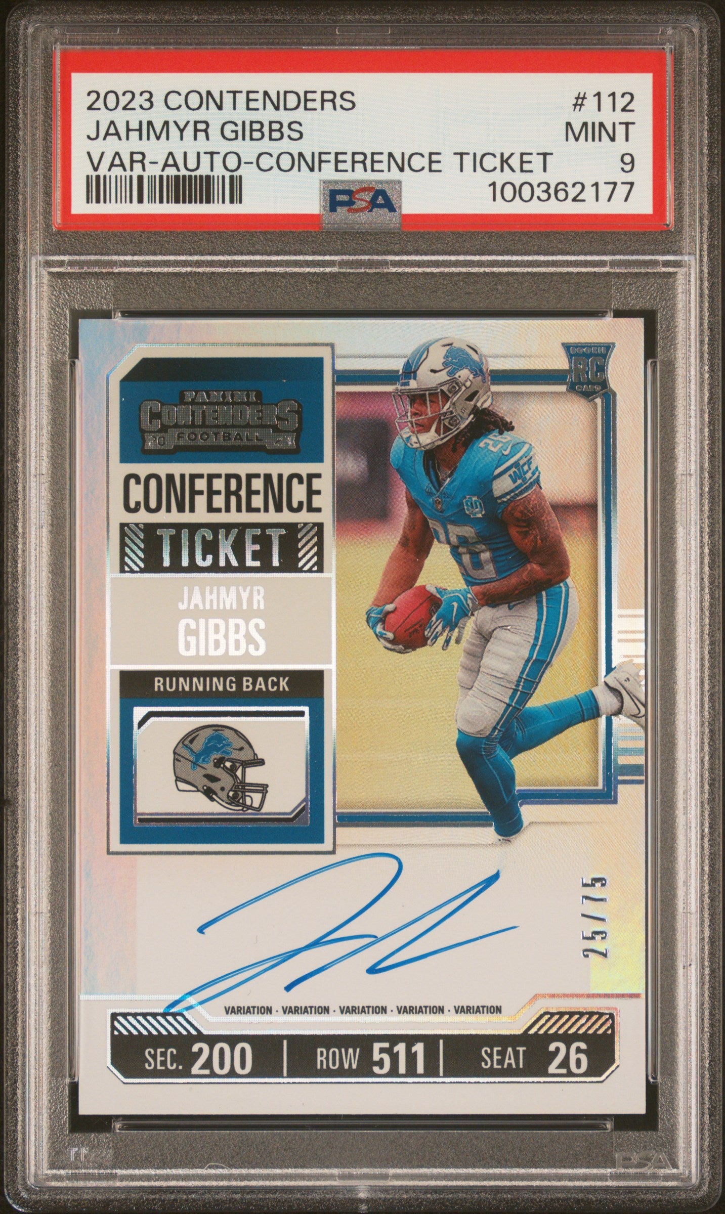 2023 Panini Contenders Var-Au-Confernce Tckt Jahmyr Gibbs #112 /75 PSA 9