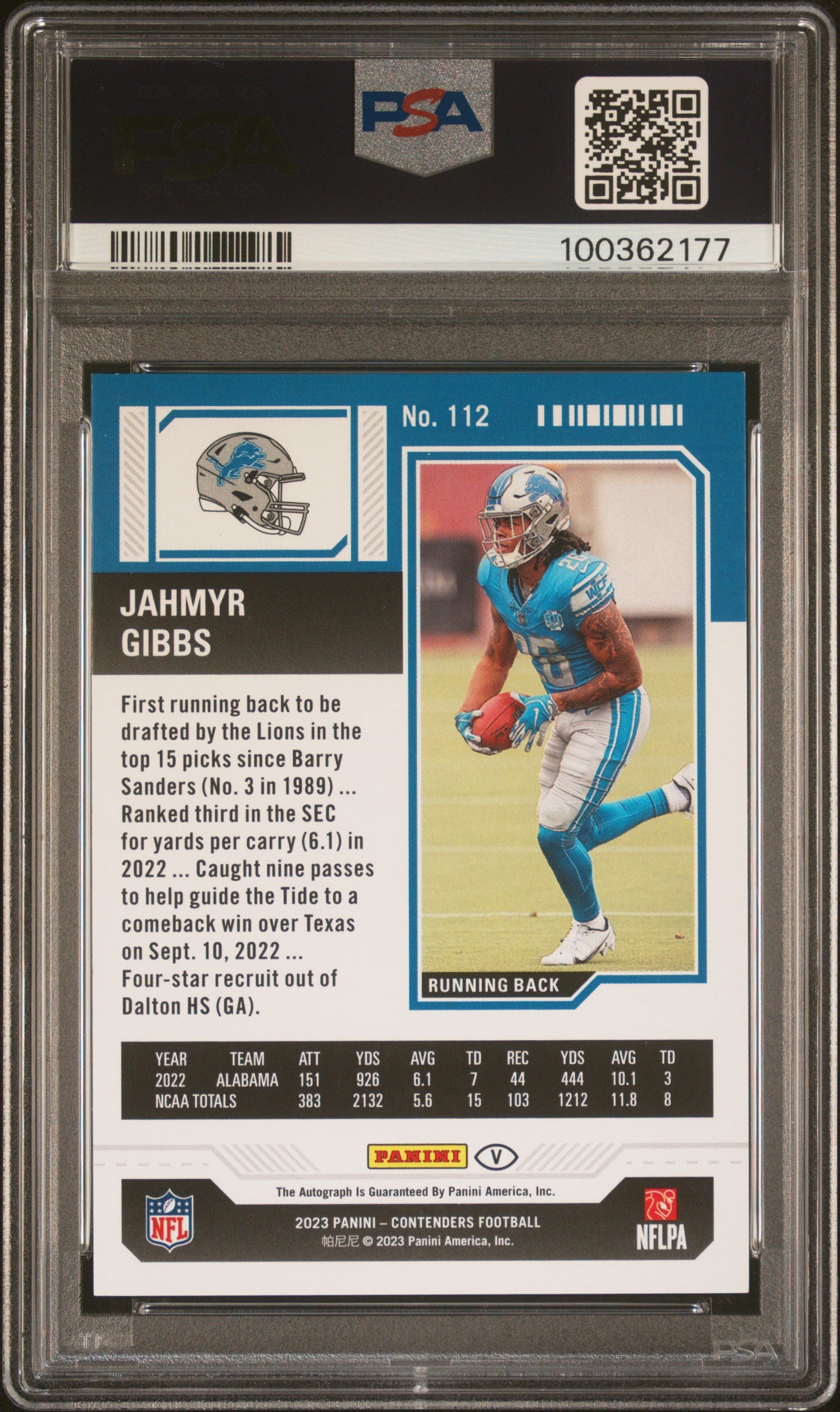 2023 Panini Contenders Var-Au-Confernce Tckt Jahmyr Gibbs #112 /75 PSA 9