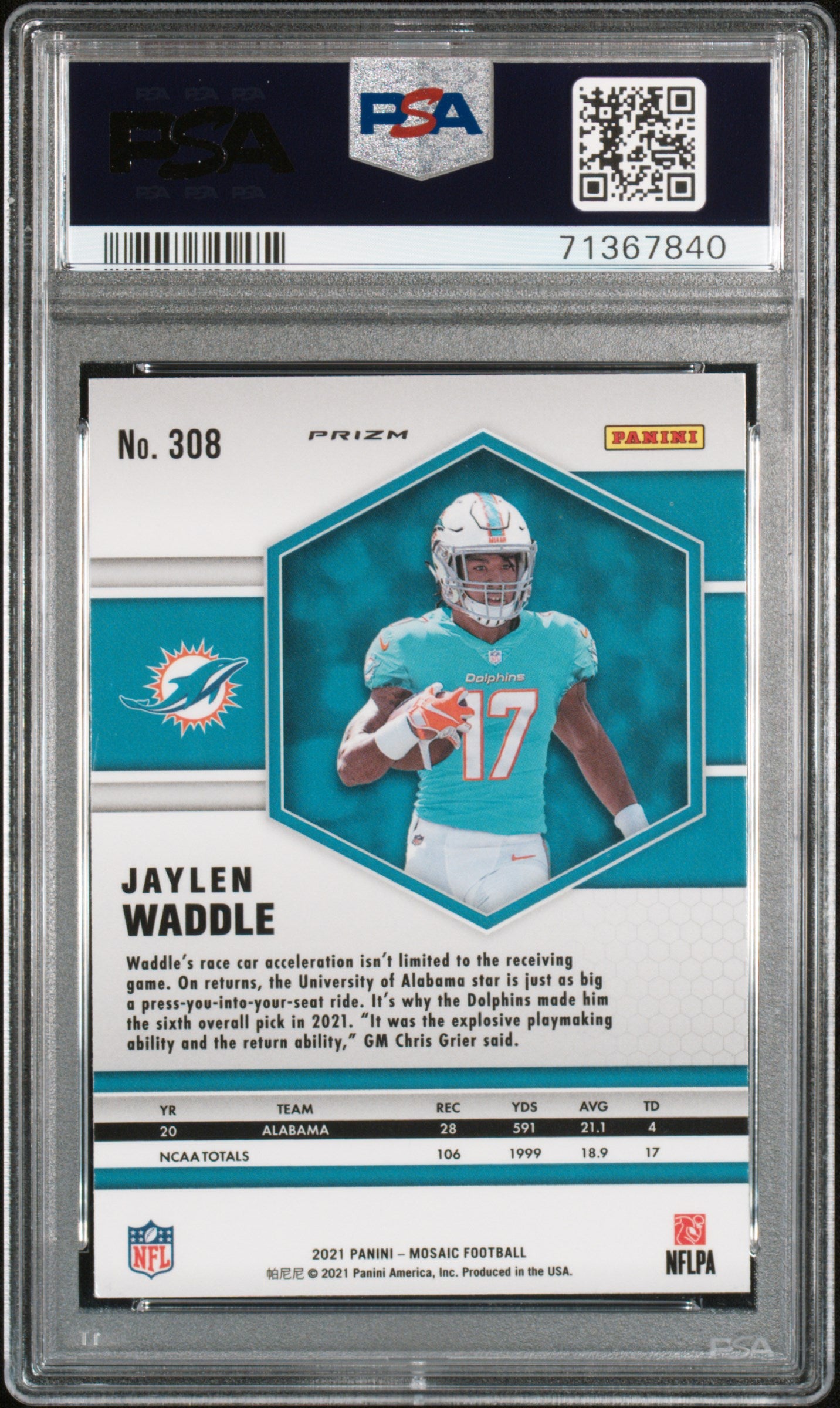 2021 Panini Mosaic Camo Pink Jaylen Waddle #308 PSA 10