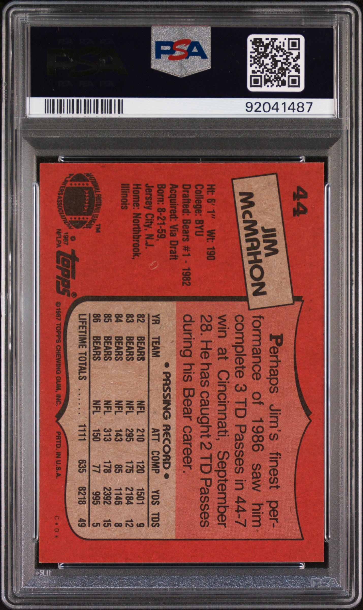 1987 Topps Jim Mcmahon #44 PSA 8